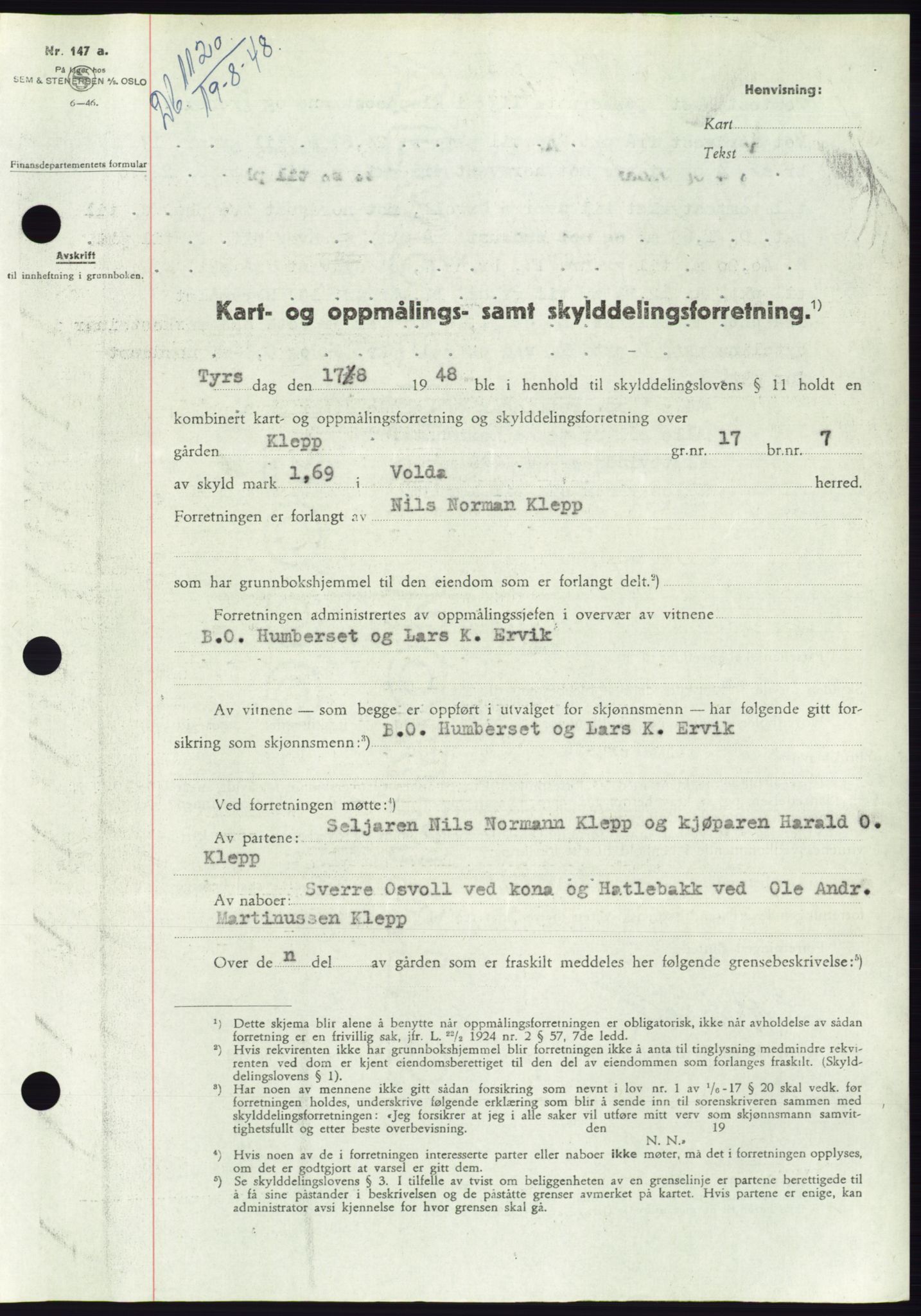 Søre Sunnmøre sorenskriveri, SAT/A-4122/1/2/2C/L0082: Pantebok nr. 8A, 1948-1948, Dagboknr: 1120/1948