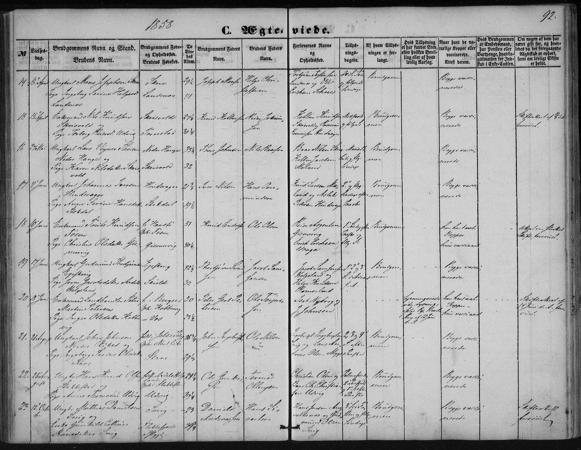 Avaldsnes sokneprestkontor, SAST/A -101851/H/Ha/Haa/L0009: Ministerialbok nr. A 9, 1853-1865, s. 92
