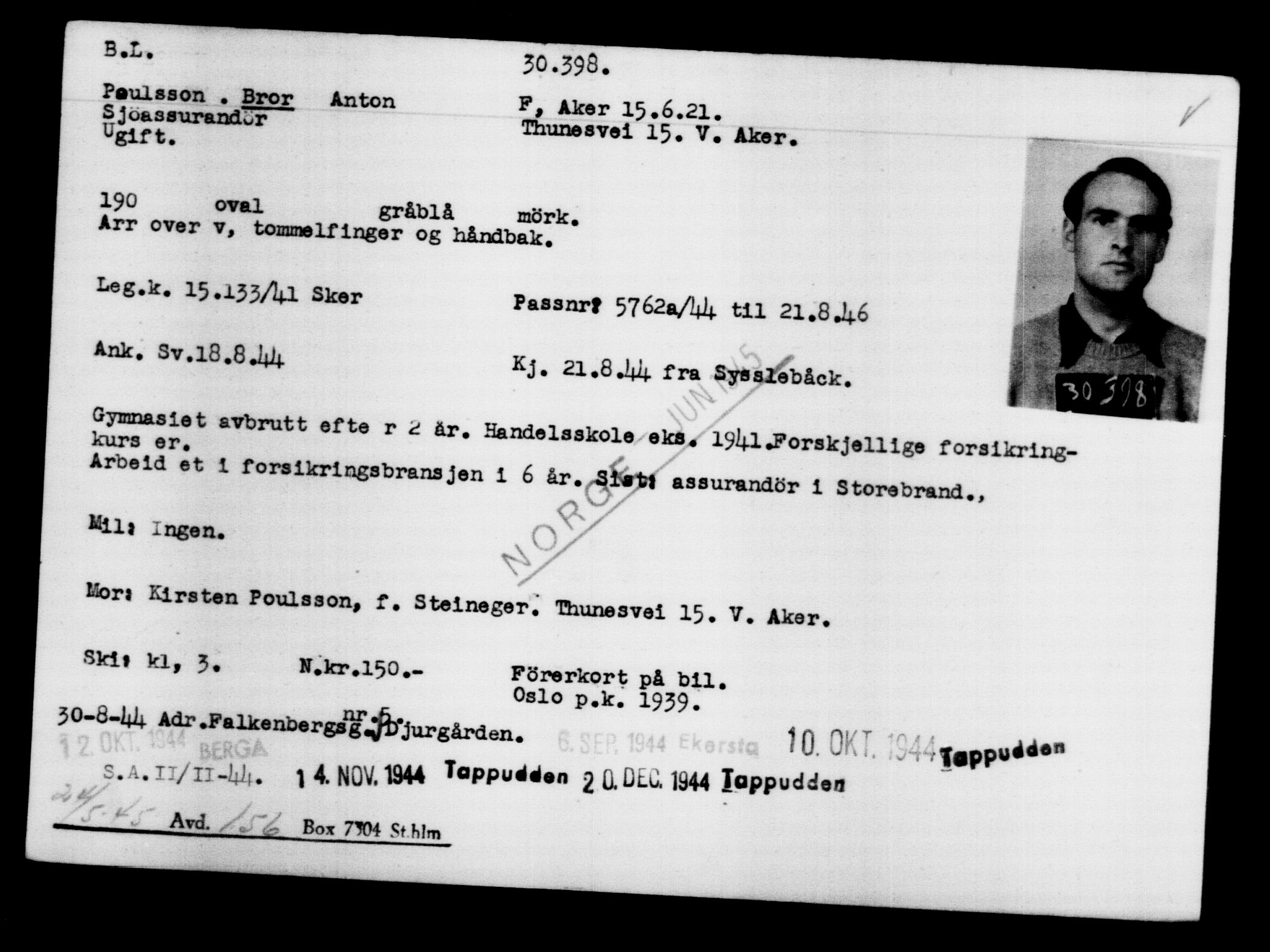 Utenriksstasjonene, Legasjonen i Stockholm, Flyktningkontoret, AV/RA-S-6753/V/Va/L0012: Kjesäterkartoteket, flyktninger med registreringsnr. 28300-31566, 1940-1945, s. 2295