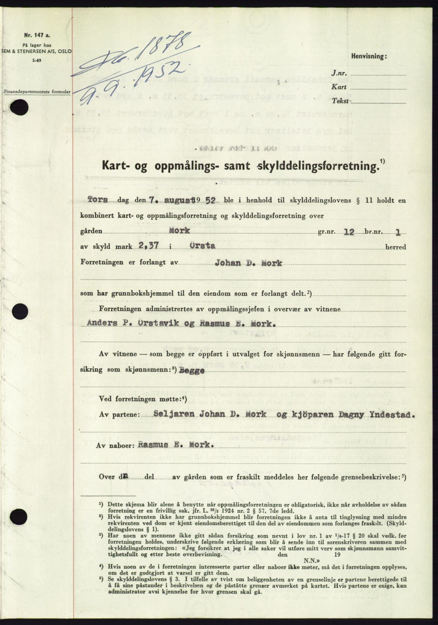 Søre Sunnmøre sorenskriveri, SAT/A-4122/1/2/2C/L0093: Pantebok nr. 19A, 1952-1953, Dagboknr: 1878/1952