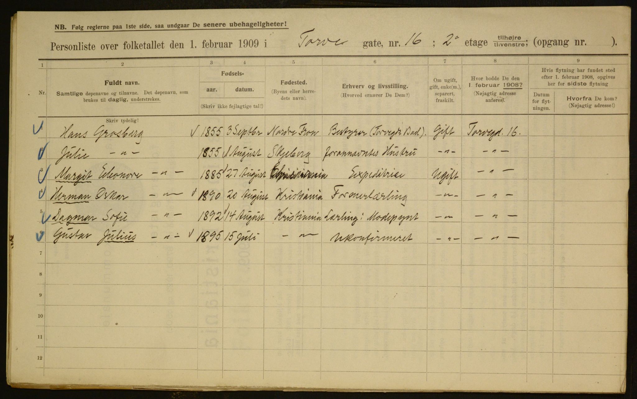 OBA, Kommunal folketelling 1.2.1909 for Kristiania kjøpstad, 1909, s. 103401
