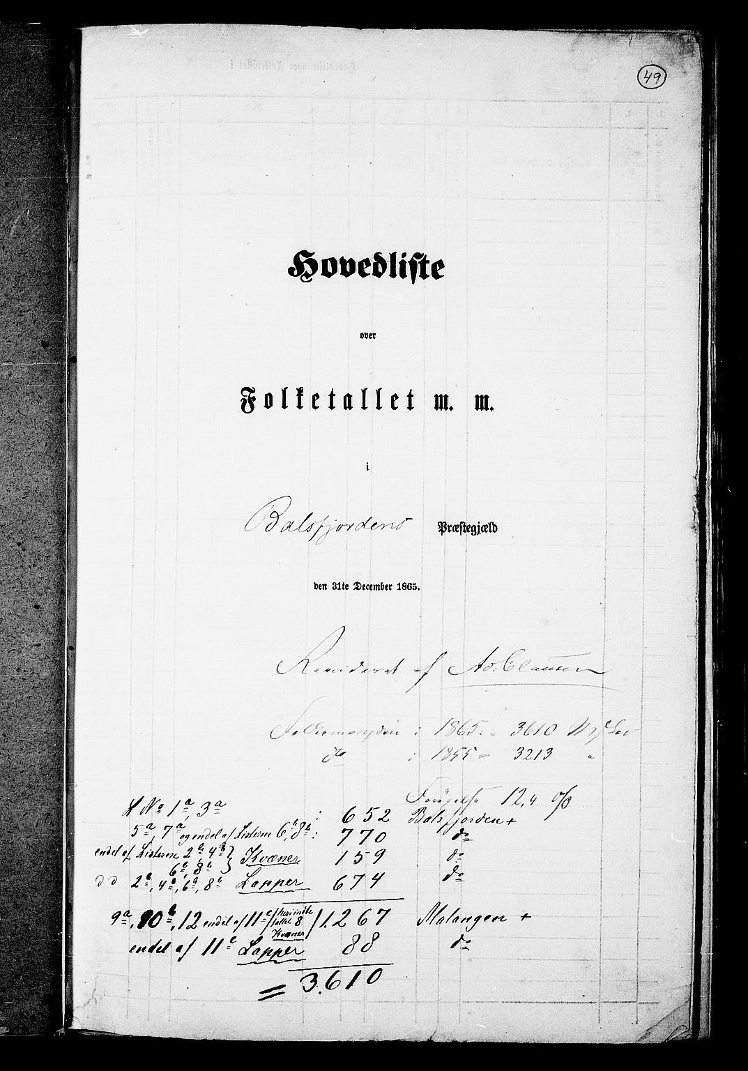 RA, Folketelling 1865 for 1933P Balsfjord prestegjeld, 1865, s. 1