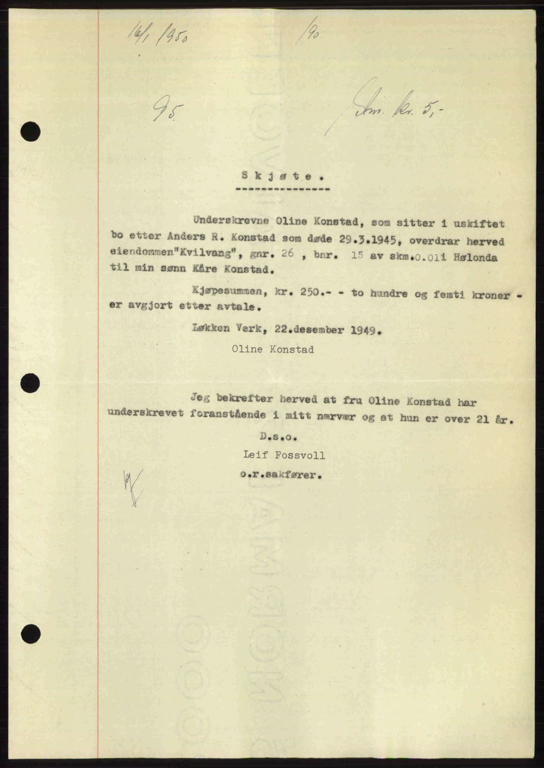 Gauldal sorenskriveri, SAT/A-0014/1/2/2C: Pantebok nr. A9, 1949-1950, Dagboknr: 95/1950