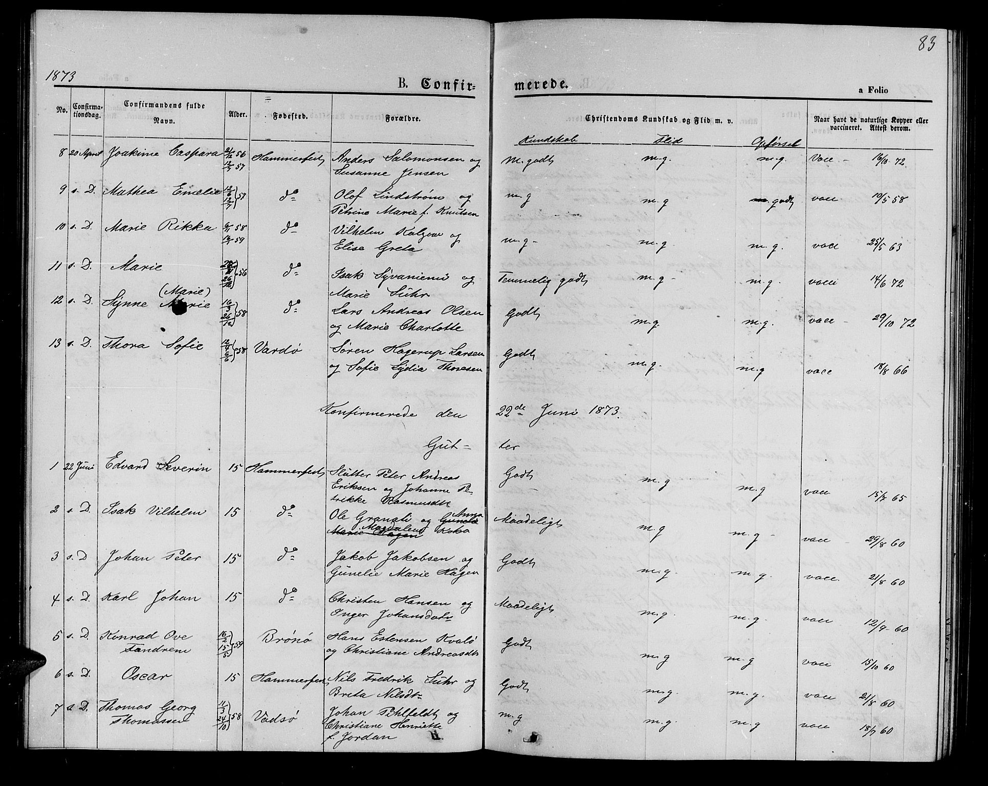 Hammerfest sokneprestkontor, SATØ/S-1347/H/Hb/L0004.klokk: Klokkerbok nr. 4, 1869-1877, s. 83