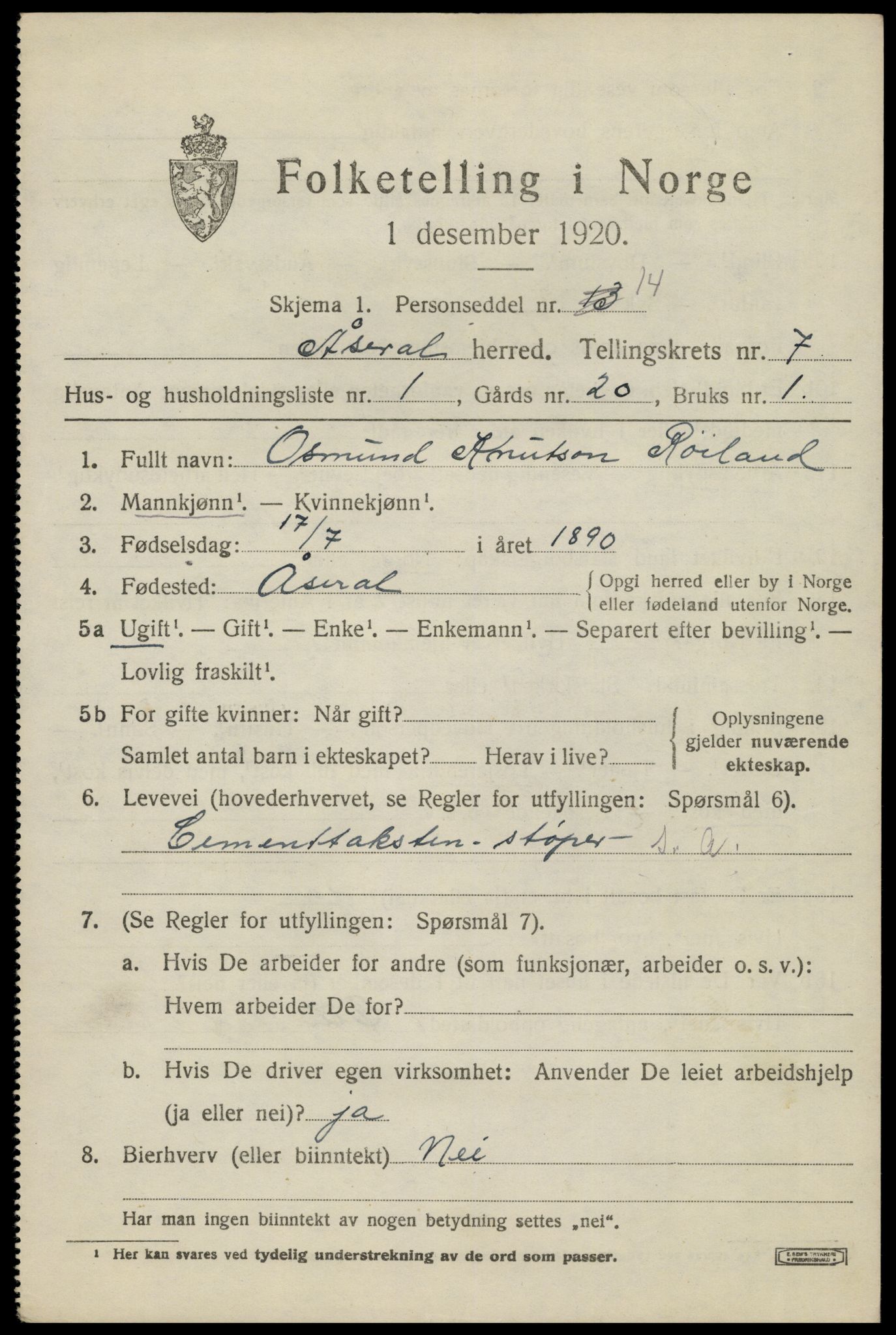 SAK, Folketelling 1920 for 1026 Åseral herred, 1920, s. 2072