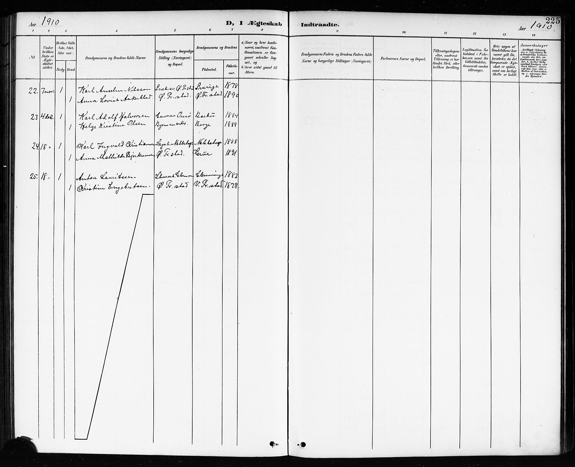 Østre Fredrikstad prestekontor Kirkebøker, AV/SAO-A-10907/G/Ga/L0002: Klokkerbok nr. 2, 1900-1919, s. 225