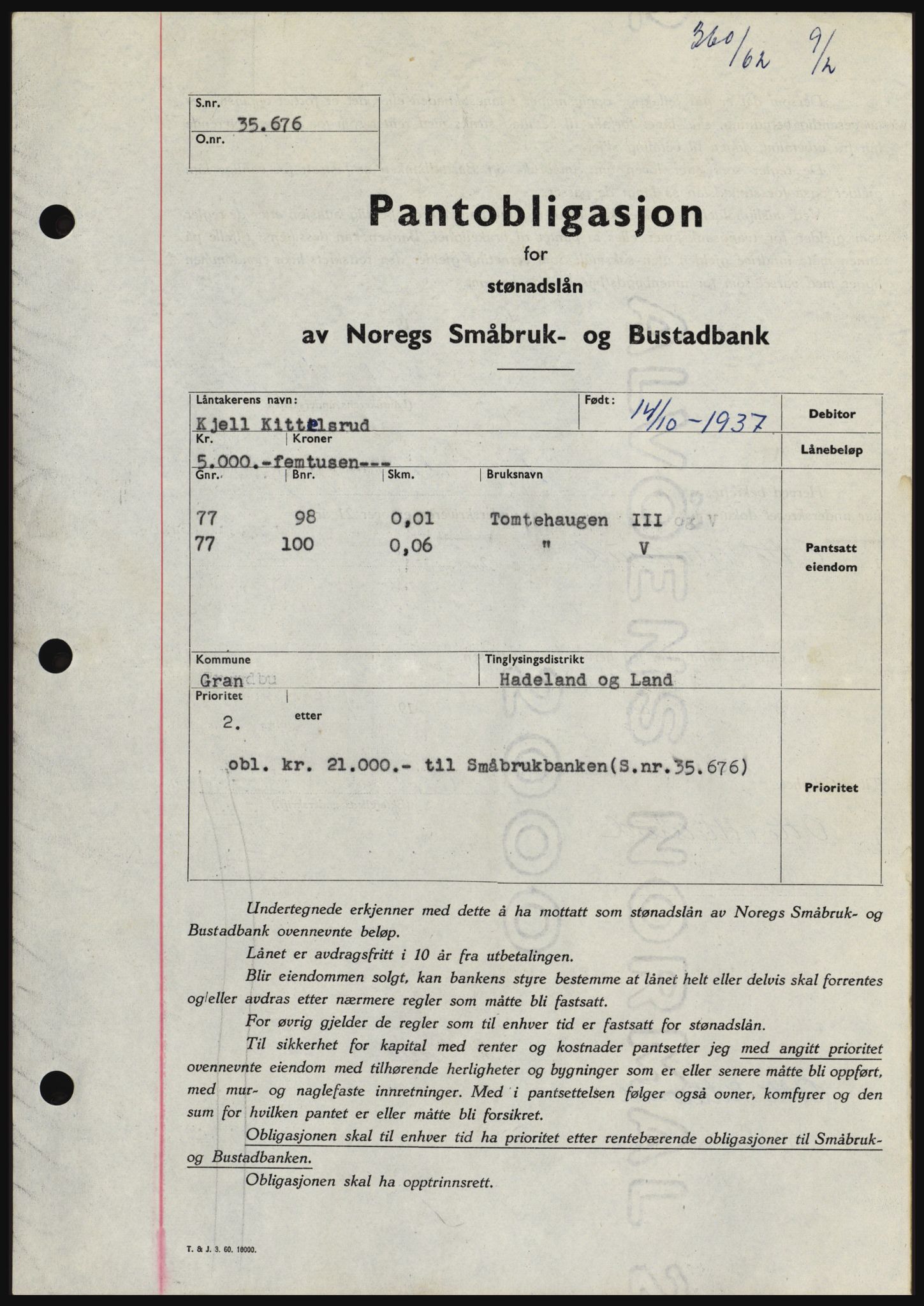 Hadeland og Land tingrett, SAH/TING-010/H/Hb/Hbc/L0047: Pantebok nr. B47, 1961-1962, Dagboknr: 360/1962