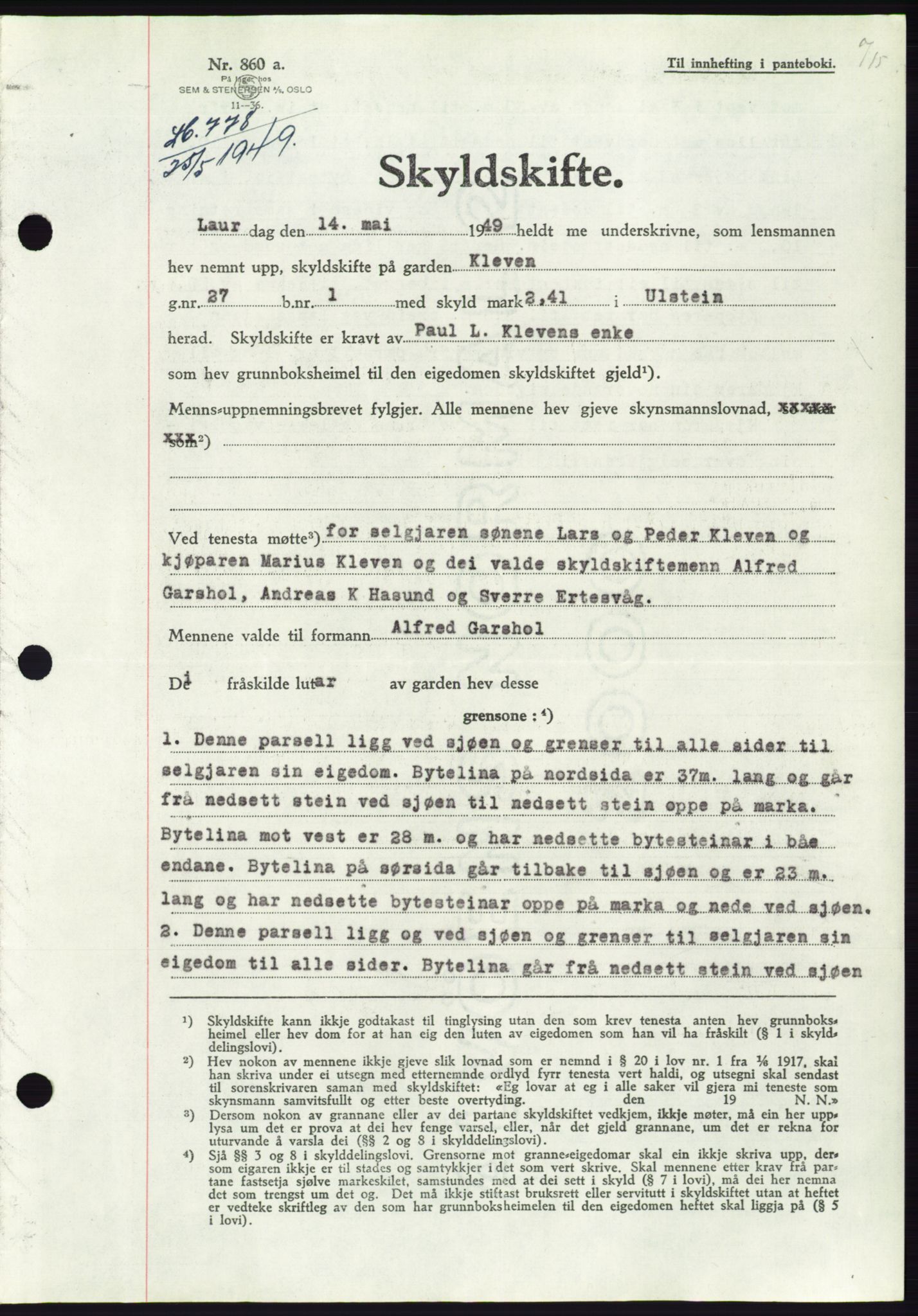 Søre Sunnmøre sorenskriveri, AV/SAT-A-4122/1/2/2C/L0084: Pantebok nr. 10A, 1949-1949, Dagboknr: 778/1949