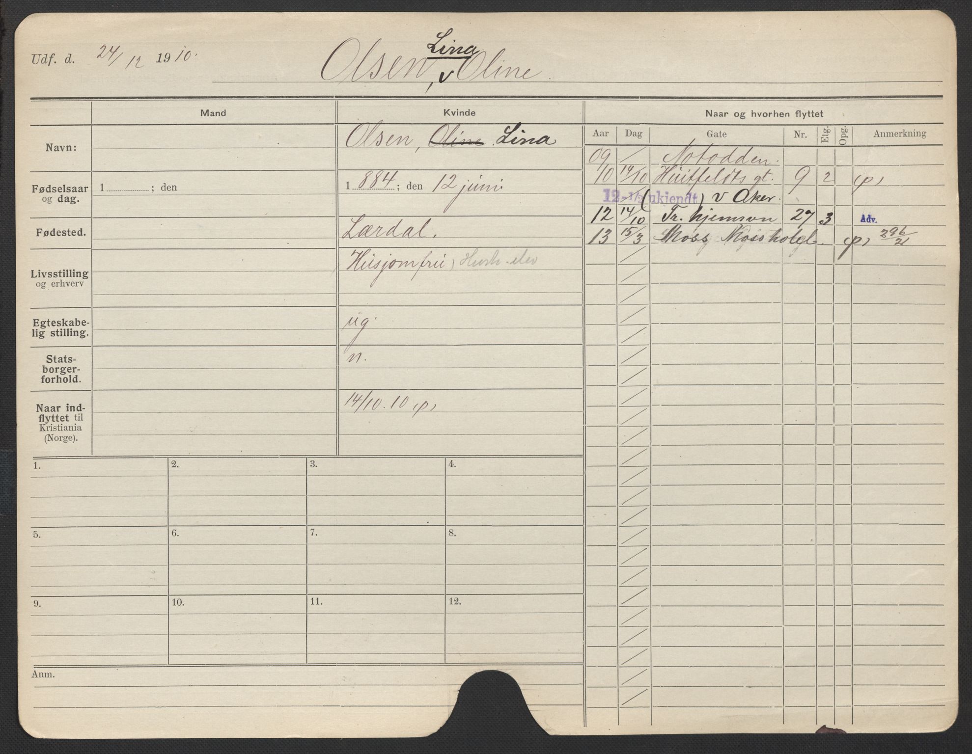 Oslo folkeregister, Registerkort, AV/SAO-A-11715/F/Fa/Fac/L0022: Kvinner, 1906-1914, s. 83a