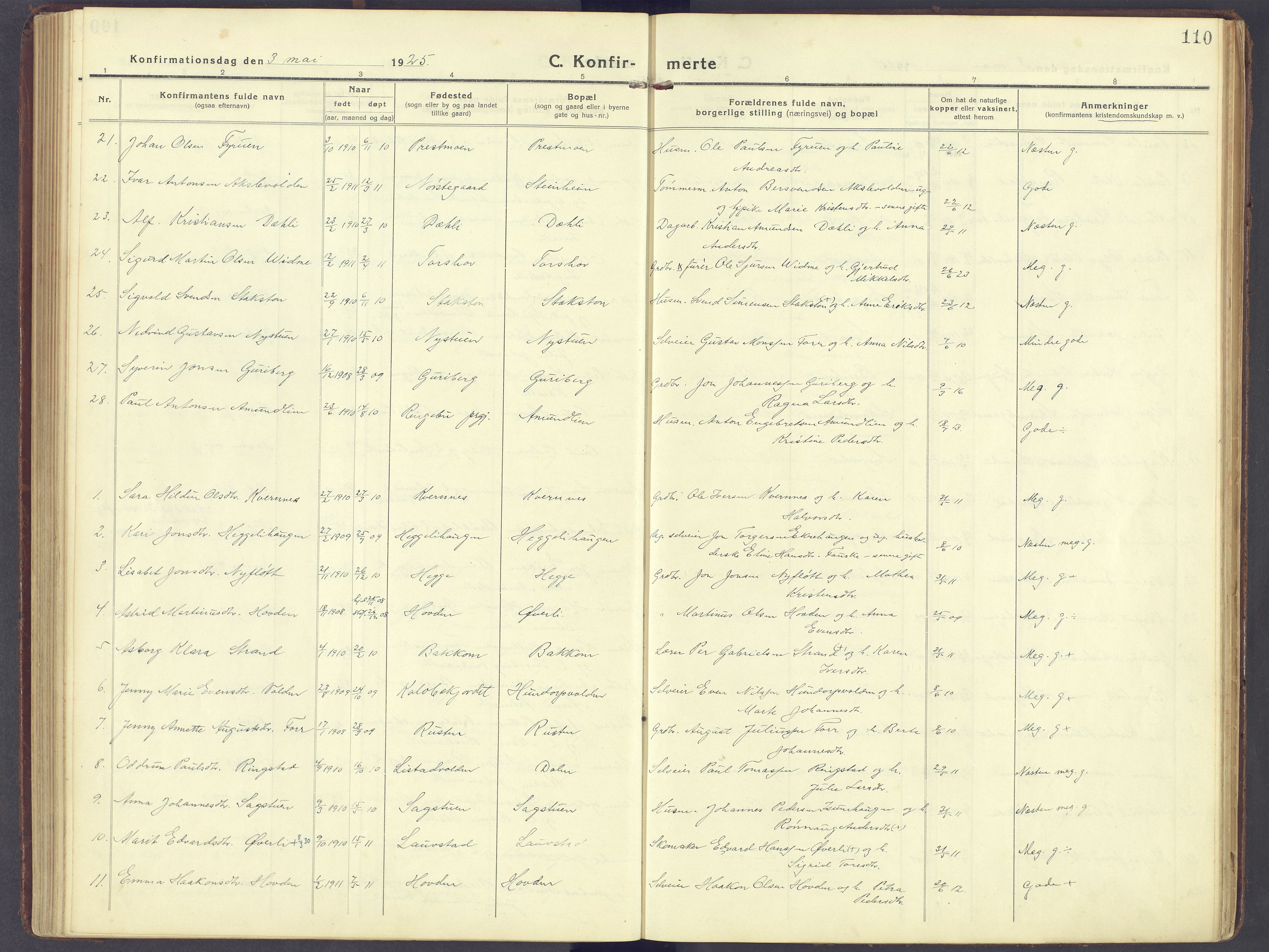 Sør-Fron prestekontor, SAH/PREST-010/H/Ha/Haa/L0005: Ministerialbok nr. 5, 1920-1933, s. 110