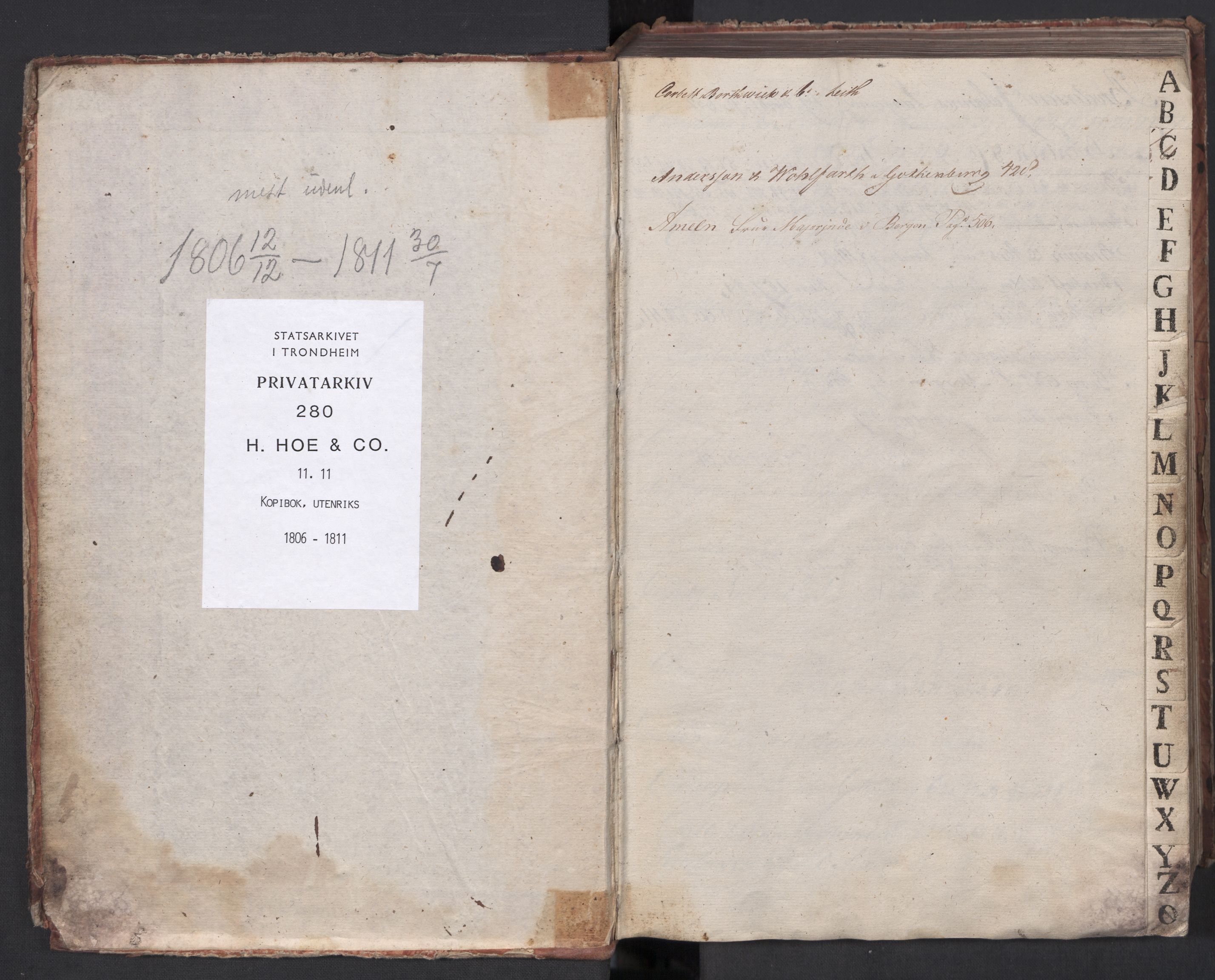 Hoë, Herman & Co, SAT/PA-0280/11/L0011: Kopibok, utenriks, 1806-1811