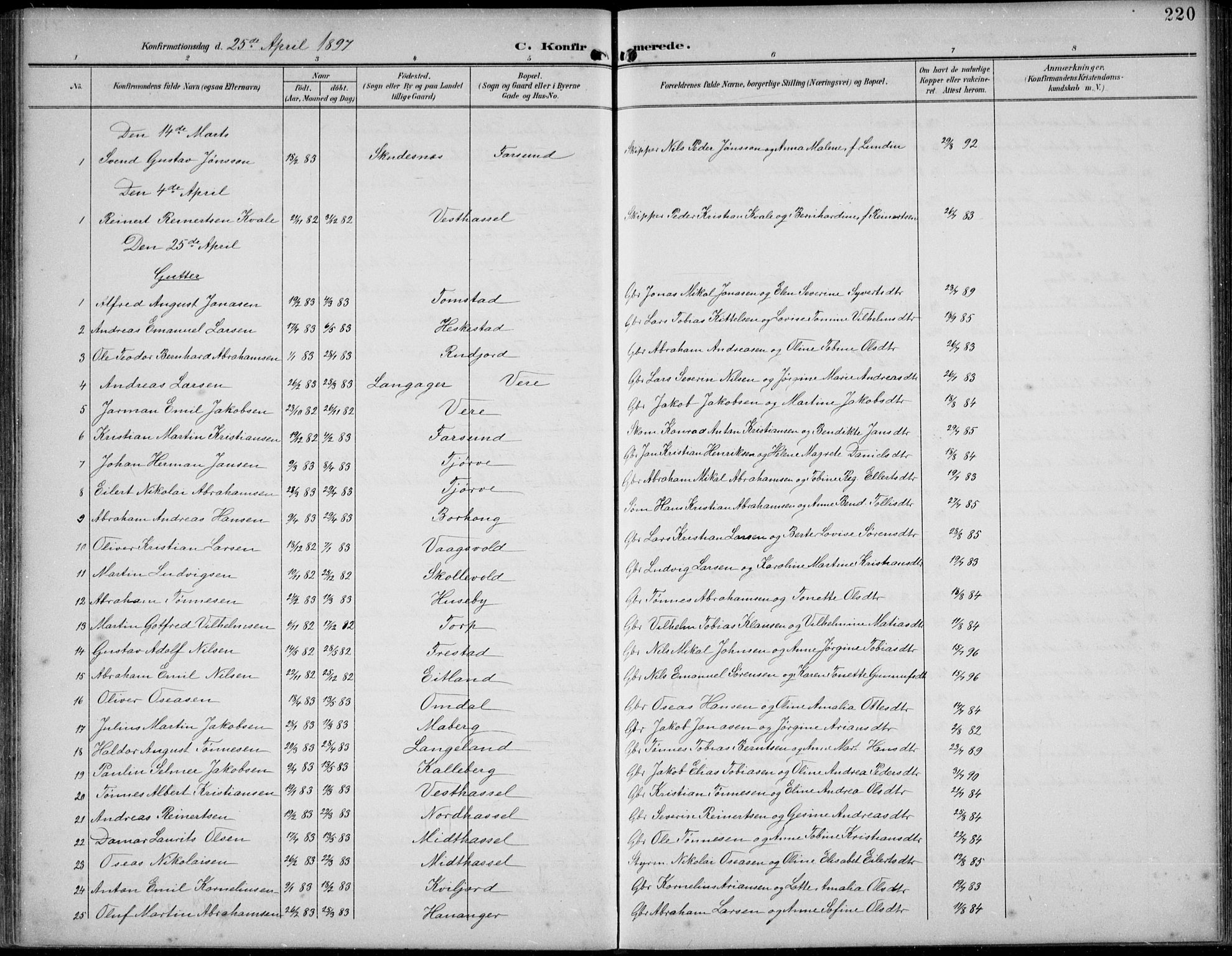 Lista sokneprestkontor, SAK/1111-0027/F/Fb/L0005: Klokkerbok nr. B 5, 1892-1923, s. 220