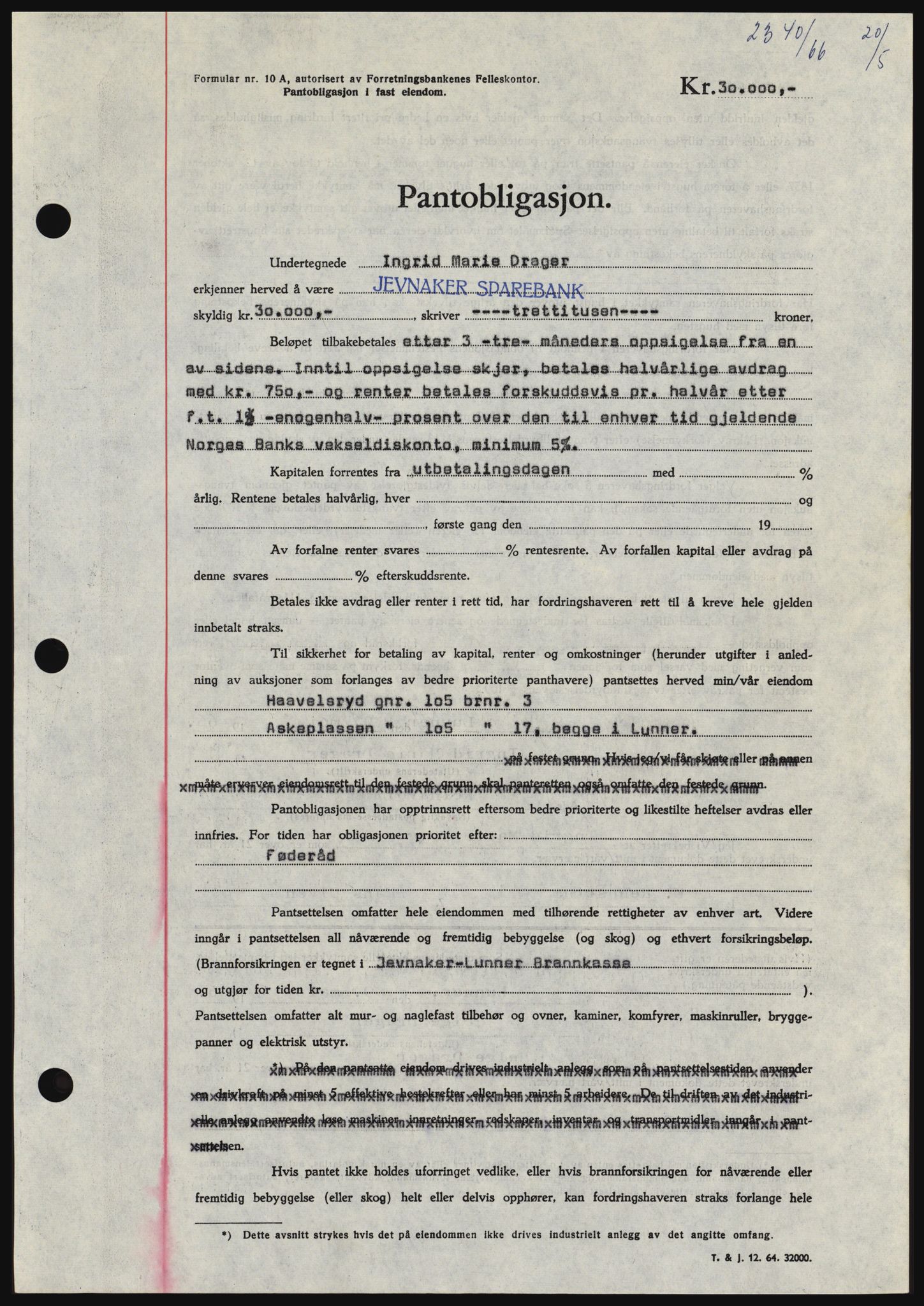 Hadeland og Land tingrett, SAH/TING-010/H/Hb/Hbc/L0062: Pantebok nr. B62, 1966-1966, Dagboknr: 2340/1966