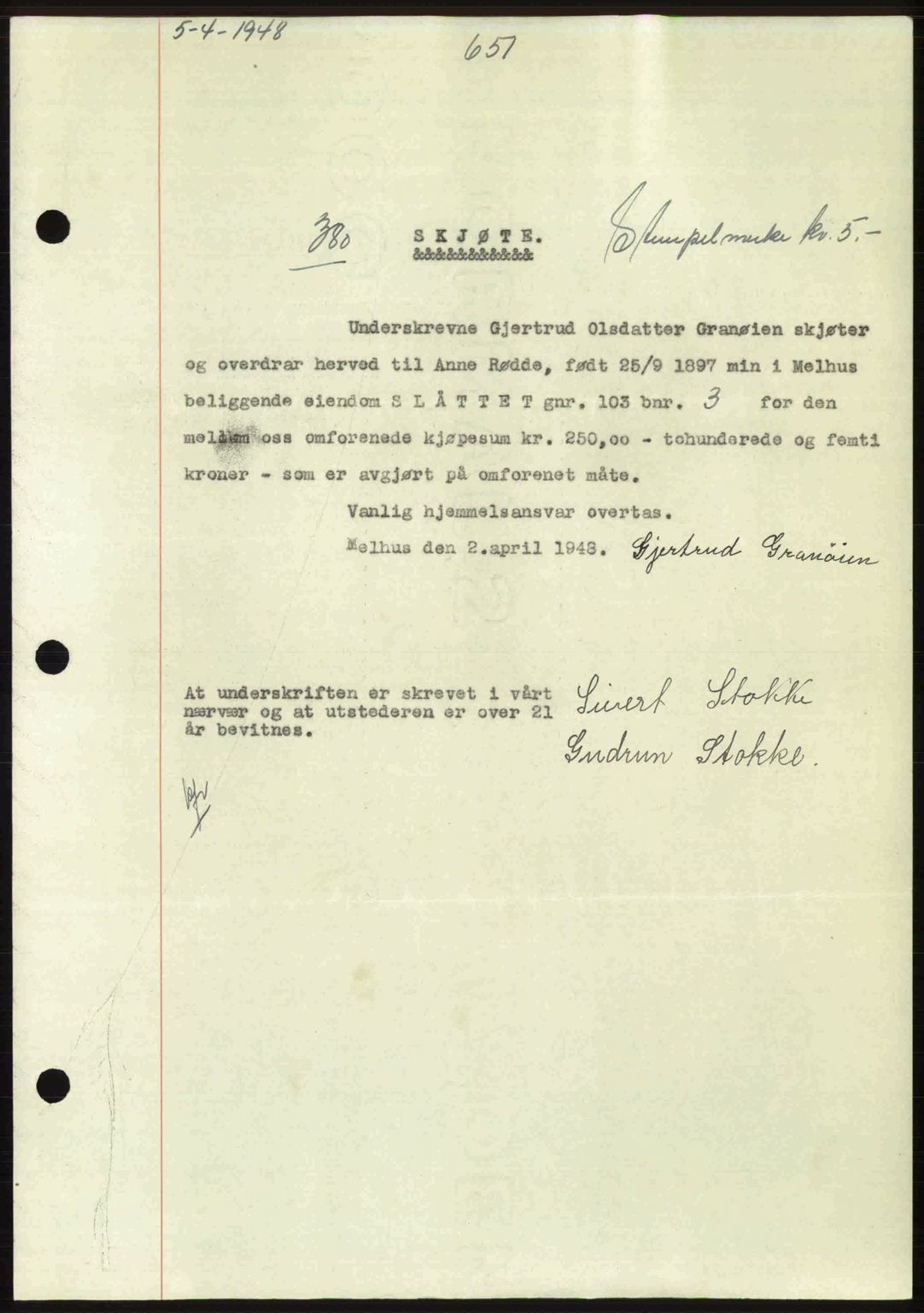 Gauldal sorenskriveri, SAT/A-0014/1/2/2C: Pantebok nr. A5, 1947-1948, Dagboknr: 380/1948