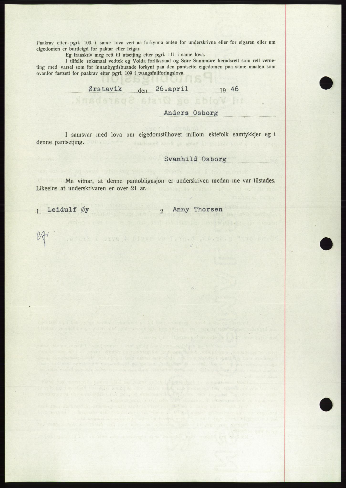 Søre Sunnmøre sorenskriveri, AV/SAT-A-4122/1/2/2C/L0114: Pantebok nr. 1-2B, 1943-1947, Dagboknr: 378/1946