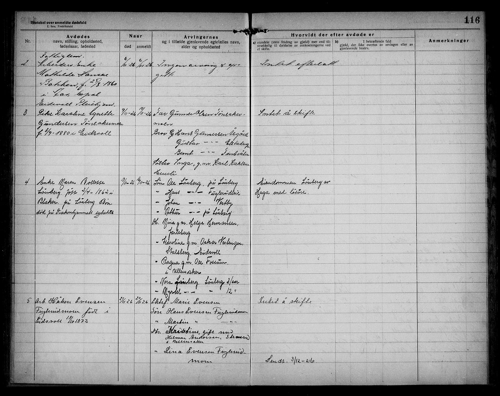 Eidsvoll lensmannskontor, AV/SAO-A-10266a/H/Ha/Haa/L0005: Dødsfallprotokoll, 1921-1930, s. 116