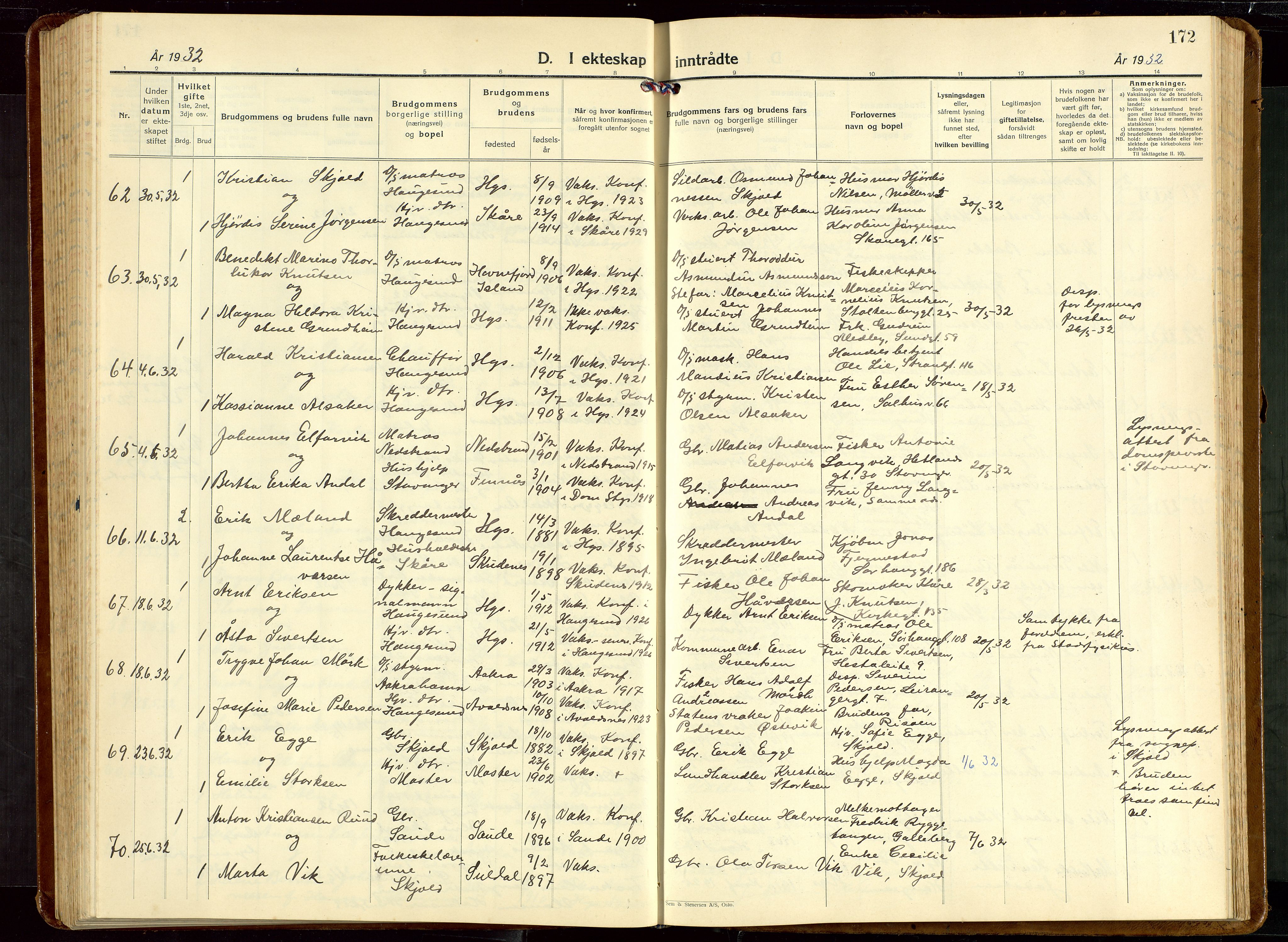 Haugesund sokneprestkontor, AV/SAST-A -101863/H/Ha/Hab/L0013: Klokkerbok nr. B 13, 1931-1943, s. 172