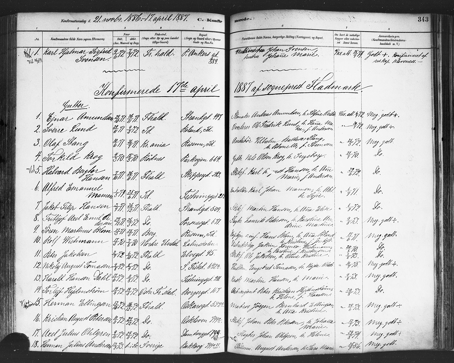 Halden prestekontor Kirkebøker, AV/SAO-A-10909/F/Fa/L0011: Ministerialbok nr. I 11, 1878-1889, s. 343