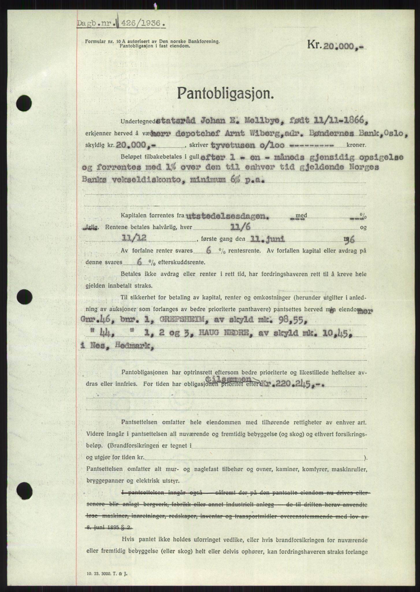 Nord-Hedmark sorenskriveri, SAH/TING-012/H/Hb/Hbf/L0001: Pantebok nr. B1, 1936-1936, Dagboknr: 426/1936