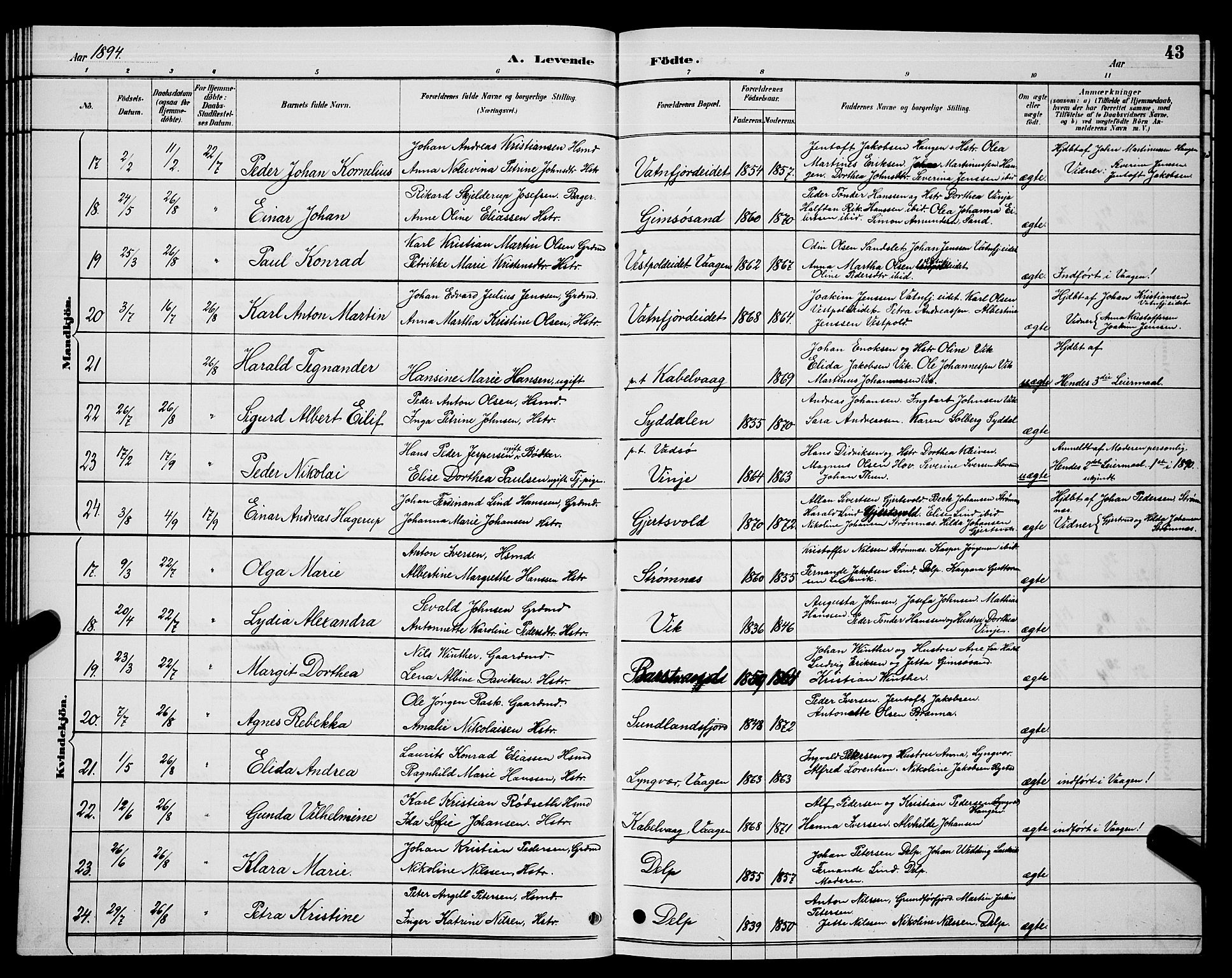 Ministerialprotokoller, klokkerbøker og fødselsregistre - Nordland, AV/SAT-A-1459/876/L1104: Klokkerbok nr. 876C03, 1886-1896, s. 43