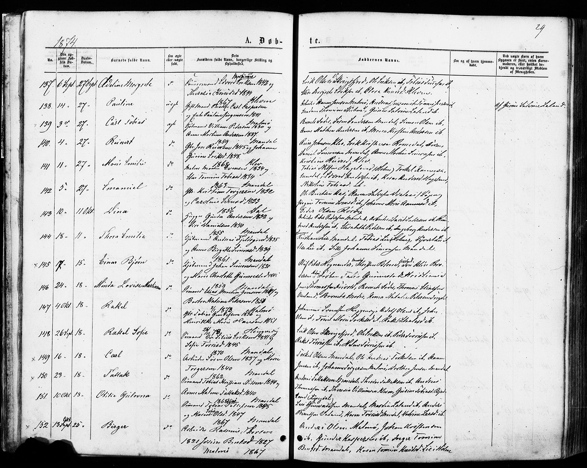 Mandal sokneprestkontor, AV/SAK-1111-0030/F/Fa/Faa/L0015: Ministerialbok nr. A 15, 1873-1879, s. 29
