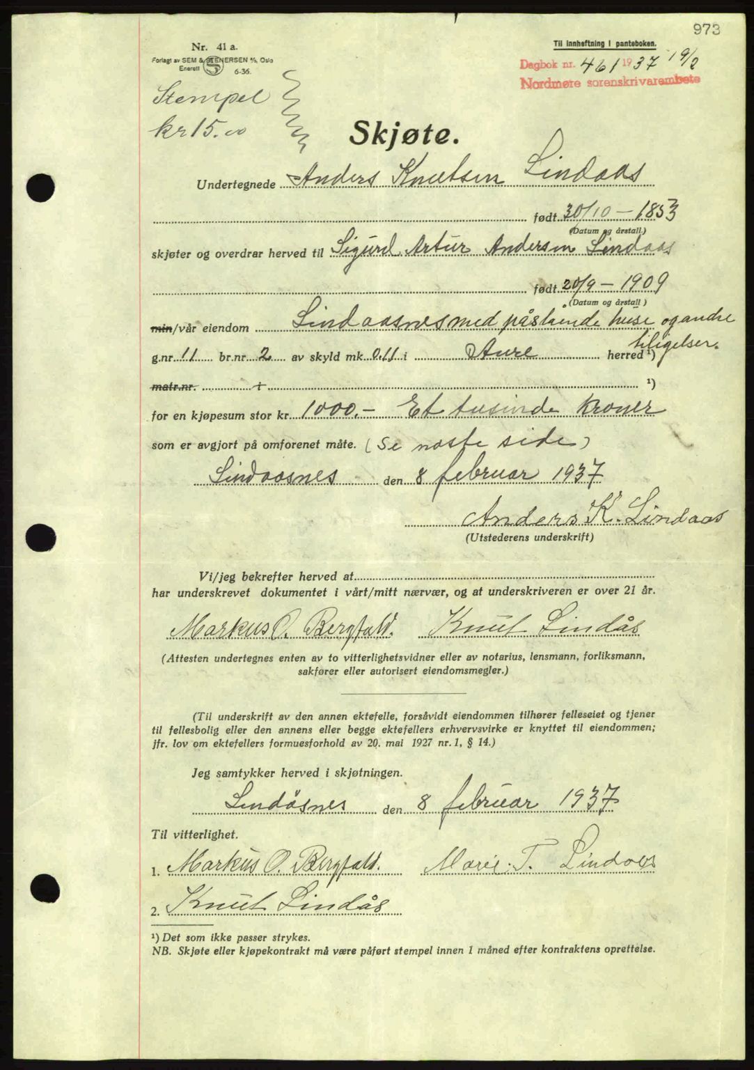 Nordmøre sorenskriveri, SAT/A-4132/1/2/2Ca: Pantebok nr. A80, 1936-1937, Dagboknr: 461/1937