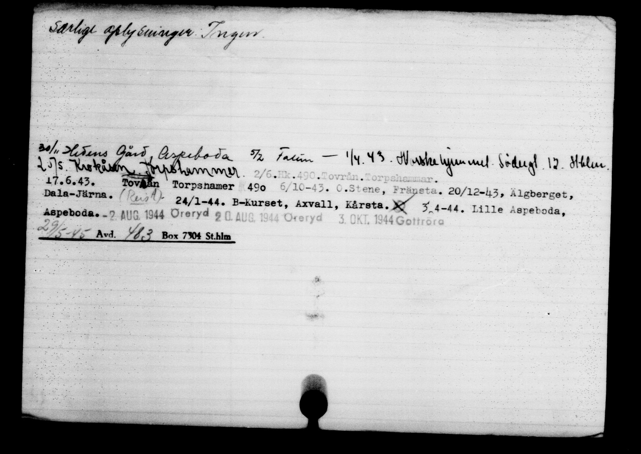 Utenriksstasjonene, Legasjonen i Stockholm, Flyktningkontoret, AV/RA-S-6753/V/Va/L0002: Kjesäterkartoteket, flyktninger med registreringsnr. 1001-2000, 1940-1945, s. 175