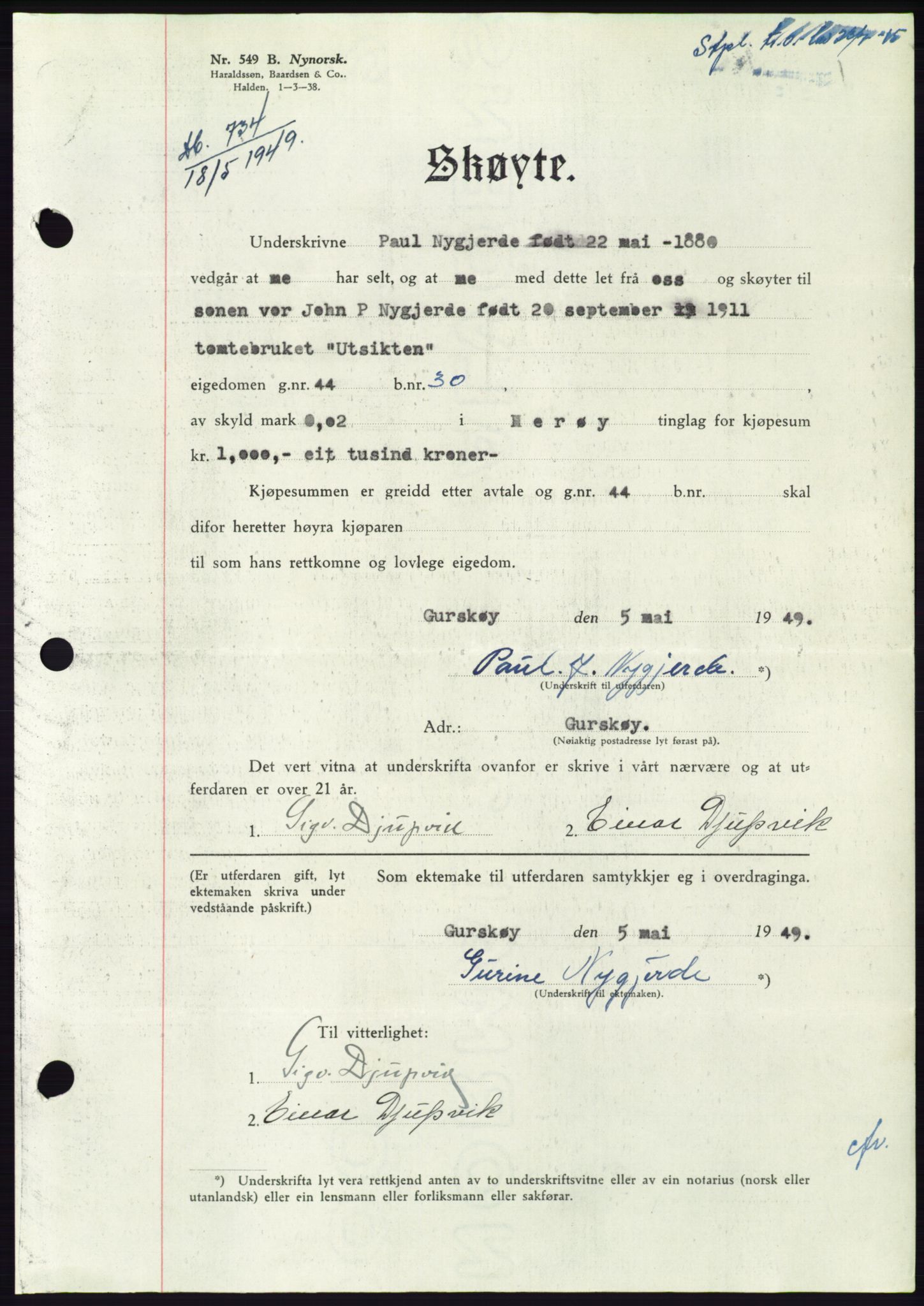 Søre Sunnmøre sorenskriveri, AV/SAT-A-4122/1/2/2C/L0084: Pantebok nr. 10A, 1949-1949, Dagboknr: 734/1949