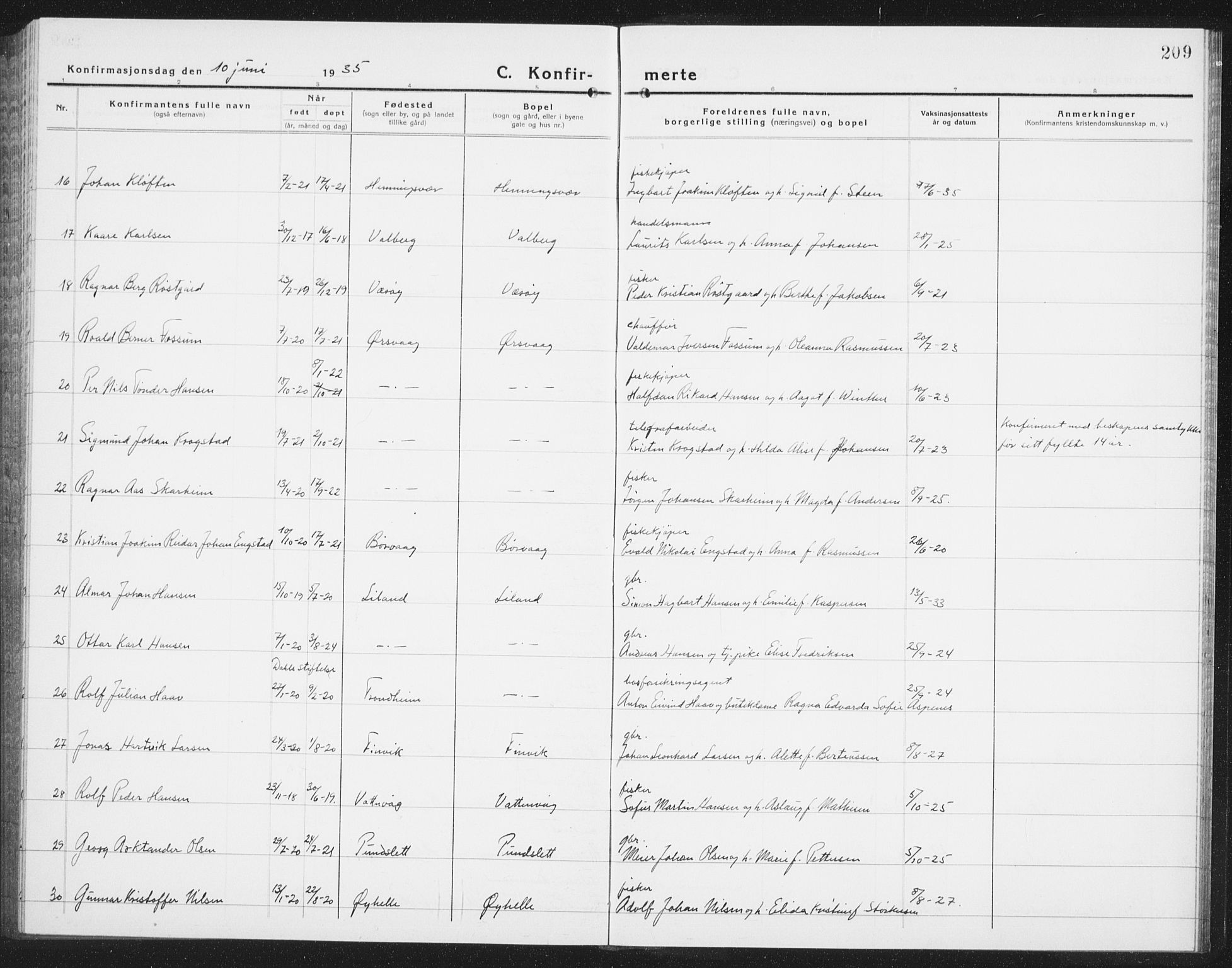 Ministerialprotokoller, klokkerbøker og fødselsregistre - Nordland, AV/SAT-A-1459/874/L1081: Klokkerbok nr. 874C10, 1925-1941, s. 209