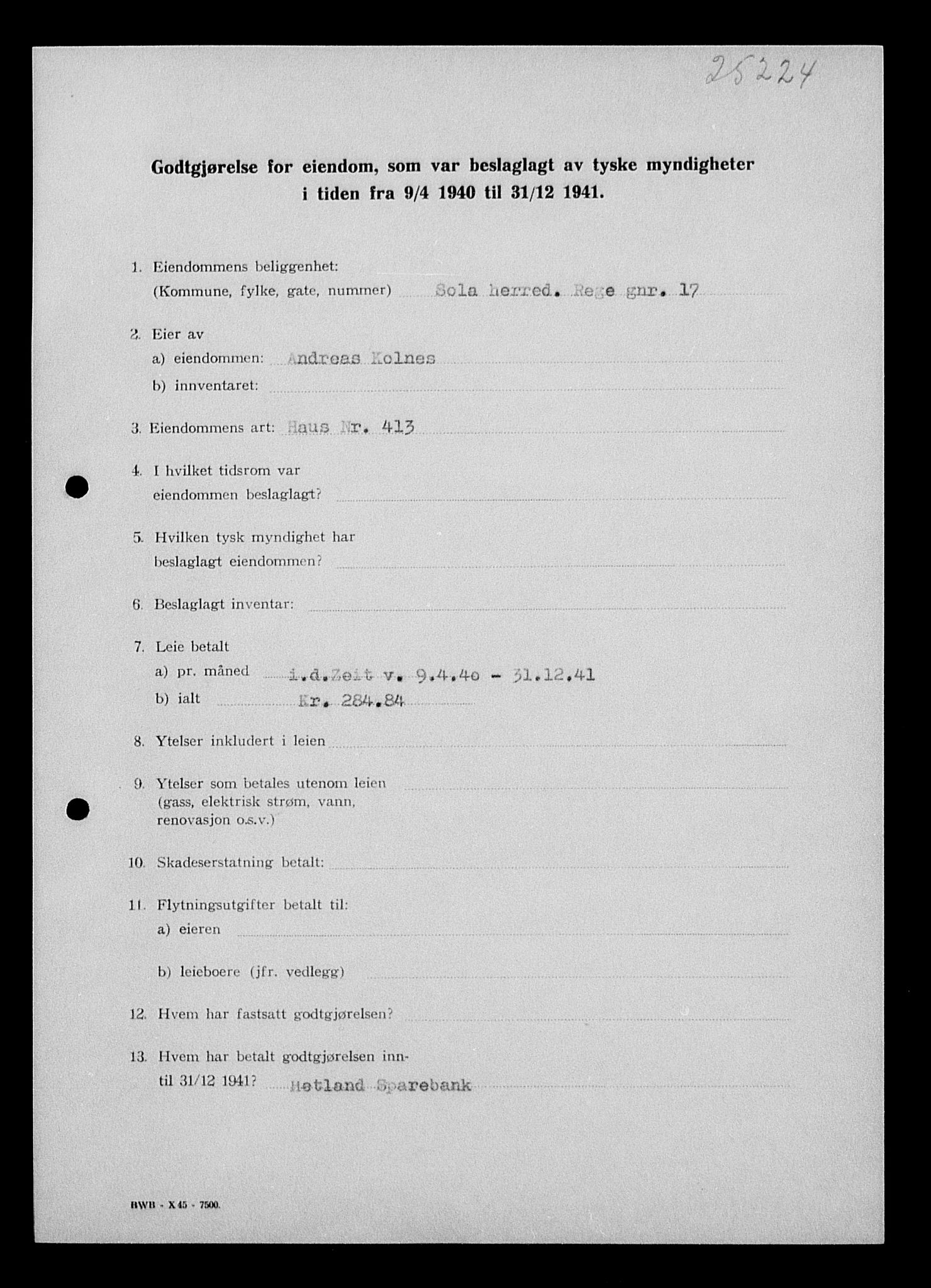 Justisdepartementet, Tilbakeføringskontoret for inndratte formuer, AV/RA-S-1564/I/L1014: Godtgjørelse for beslaglagt eiendom, 1940-1941, s. 429