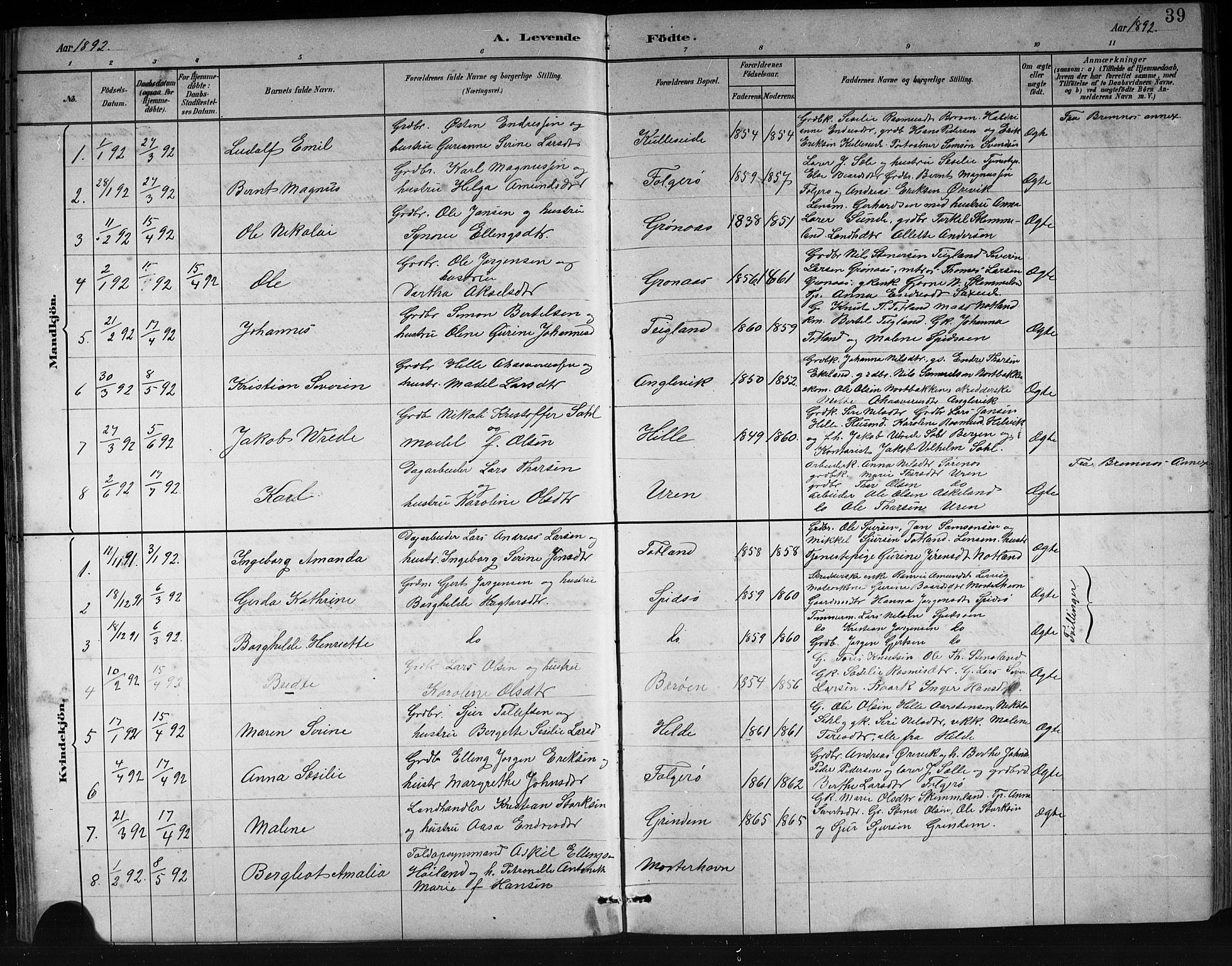 Finnås sokneprestembete, AV/SAB-A-99925/H/Ha/Hab/Haba/L0003: Klokkerbok nr. A 3, 1883-1900, s. 39