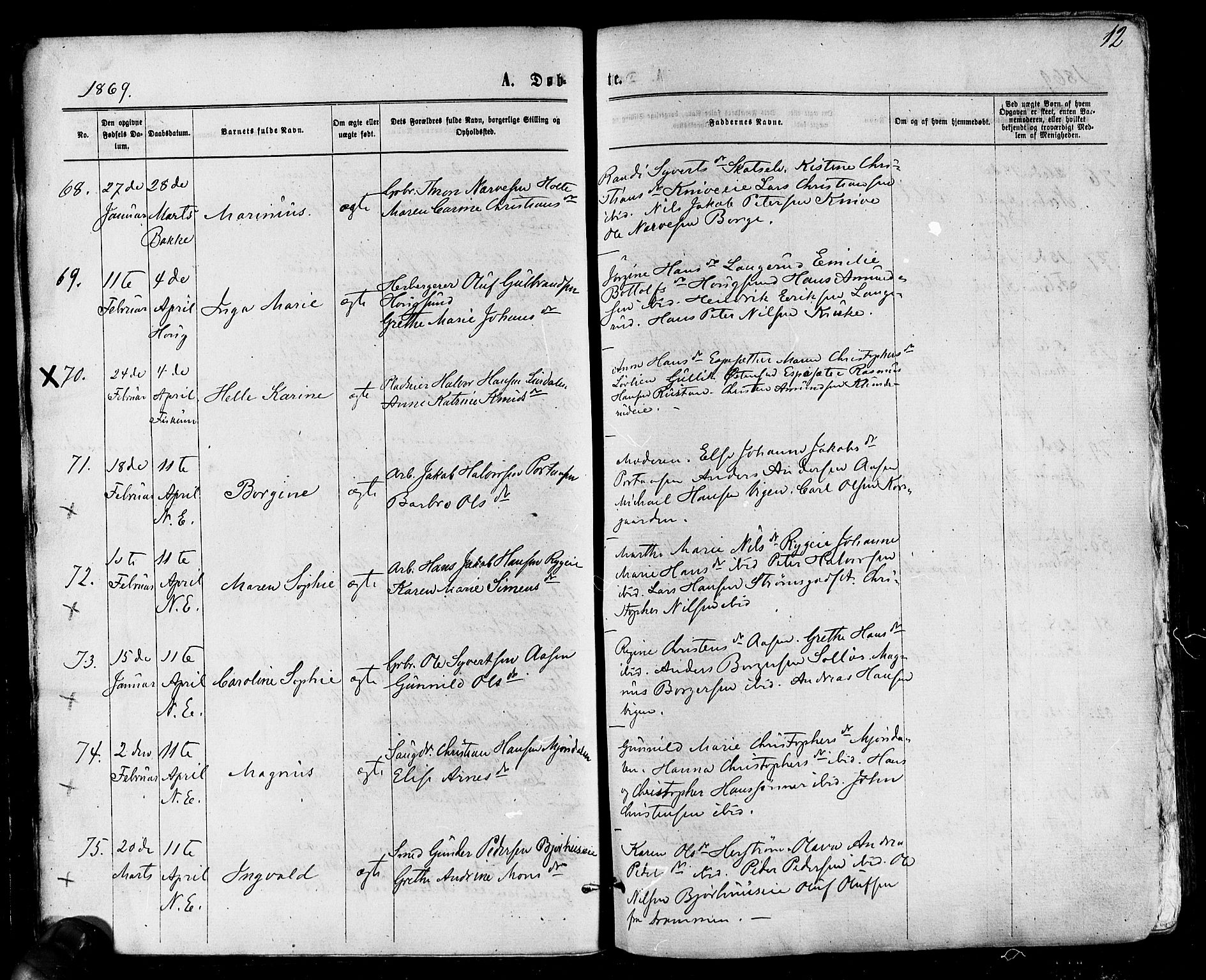 Eiker kirkebøker, AV/SAKO-A-4/F/Fa/L0017: Ministerialbok nr. I 17, 1869-1877, s. 12