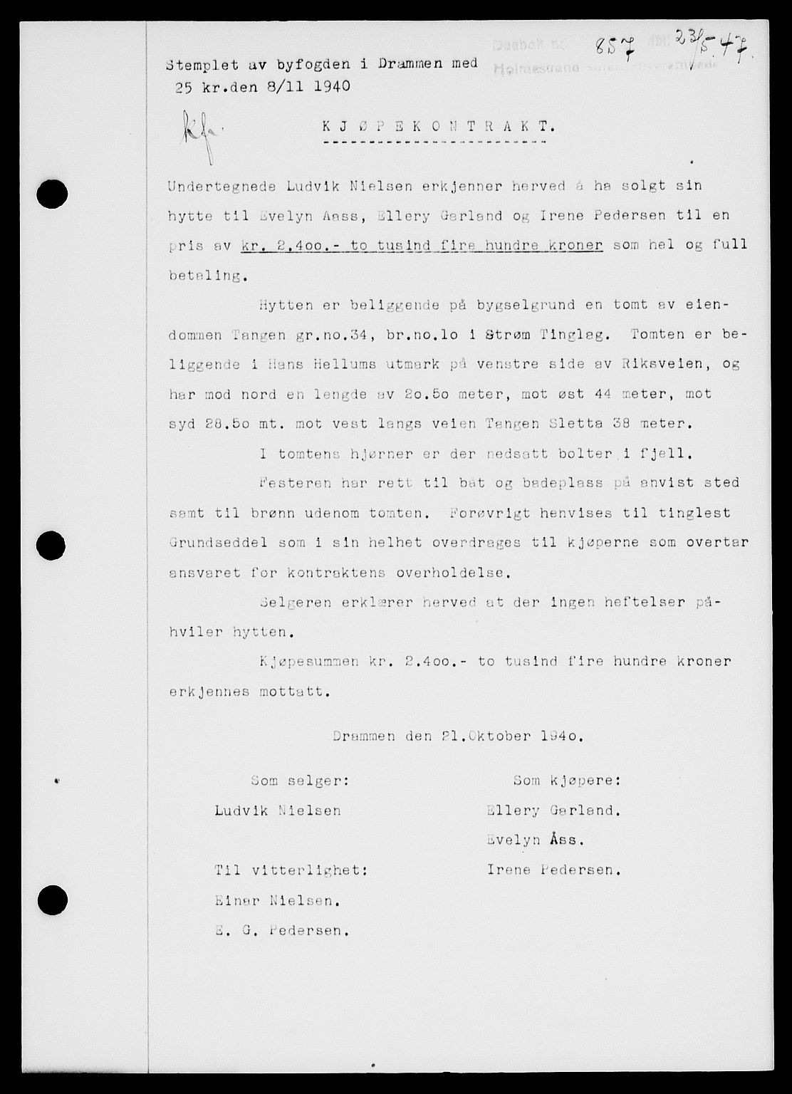 Holmestrand sorenskriveri, SAKO/A-67/G/Ga/Gaa/L0062: Pantebok nr. A-62, 1947-1947, Dagboknr: 857/1947