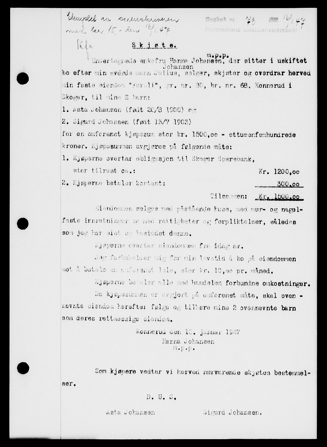 Holmestrand sorenskriveri, SAKO/A-67/G/Ga/Gaa/L0061: Pantebok nr. A-61, 1946-1947, Dagboknr: 73/1947