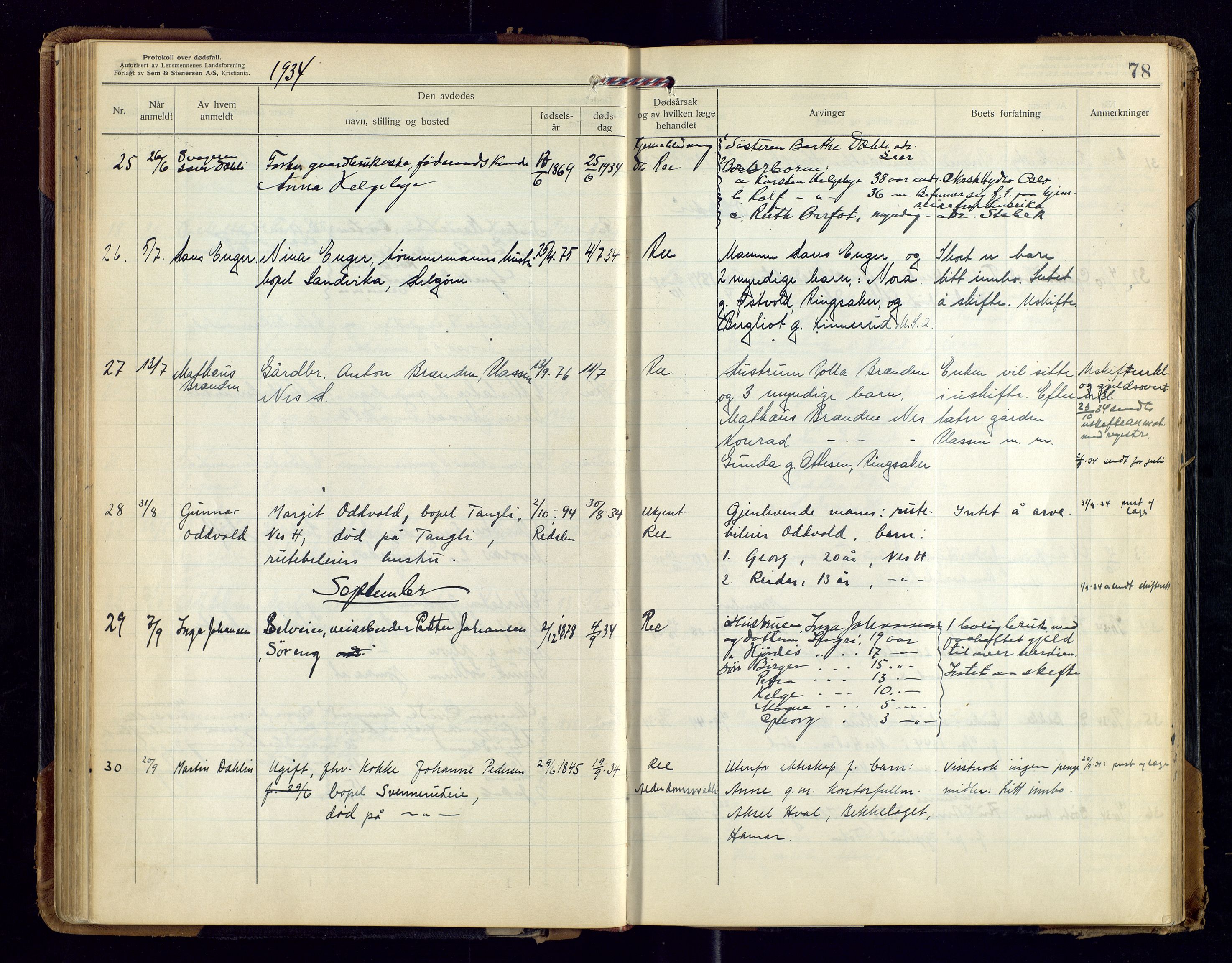 Nes, Hedmark, lensmannskontor, AV/SAH-LHB-008/H/Ha/L0001: Dødsfallsprotokoll, 1923-1948, s. 78