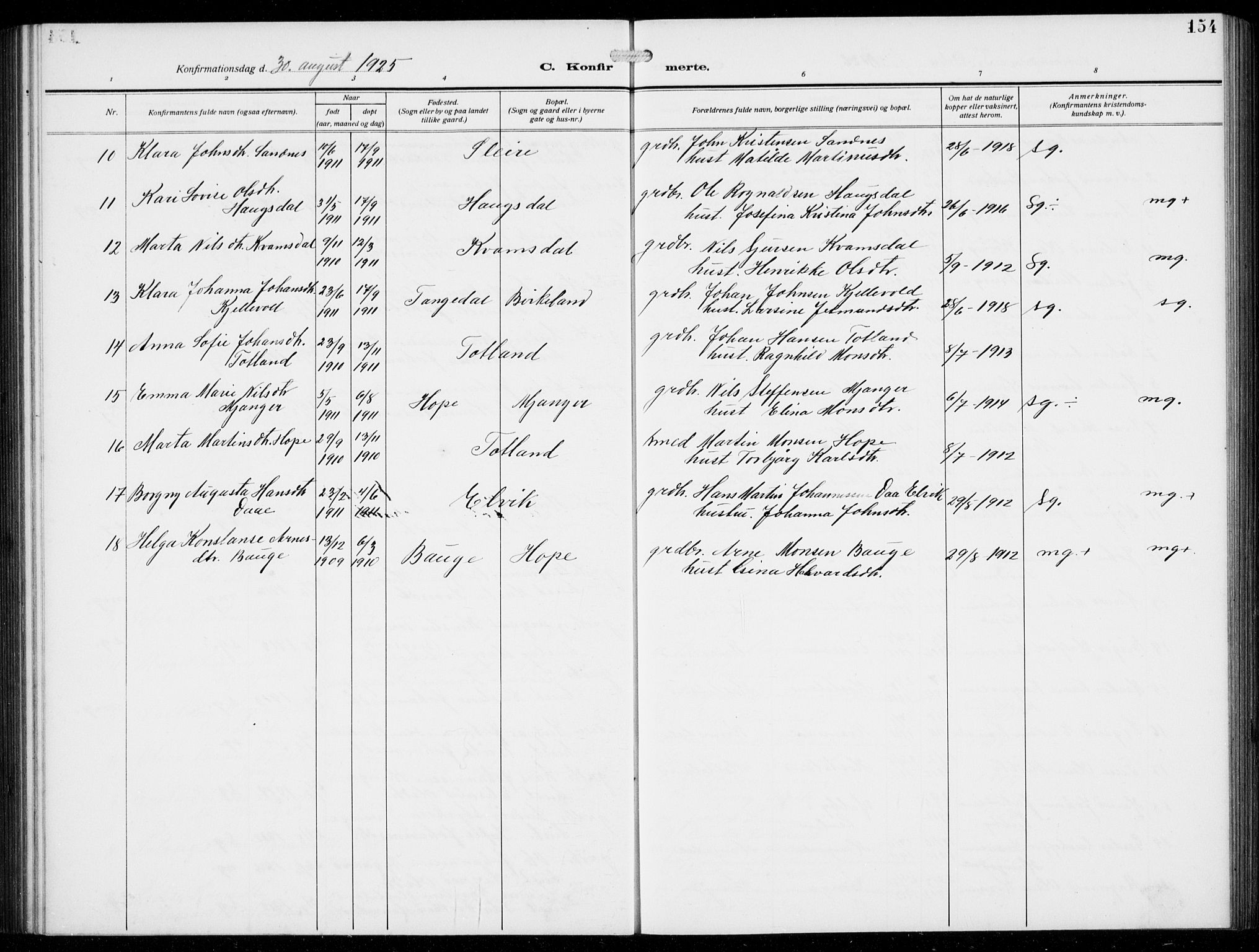 Masfjorden sokneprestembete, AV/SAB-A-77001: Klokkerbok nr. B  2, 1912-1939, s. 154