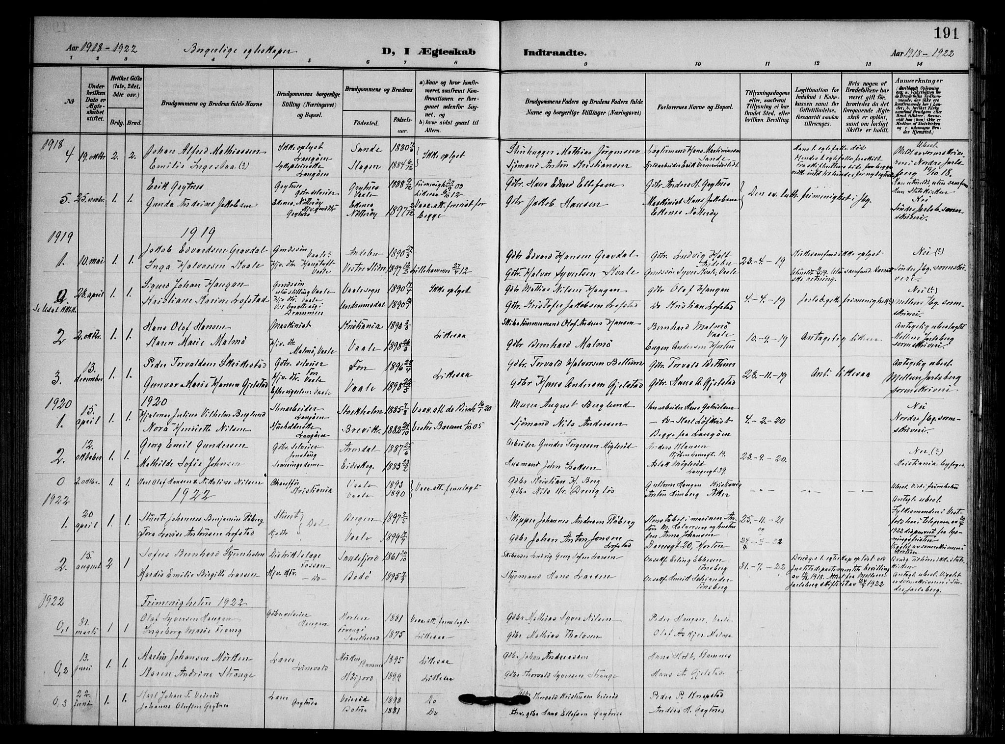 Våle kirkebøker, AV/SAKO-A-334/F/Fa/L0012: Ministerialbok nr. I 12, 1907-1934, s. 191