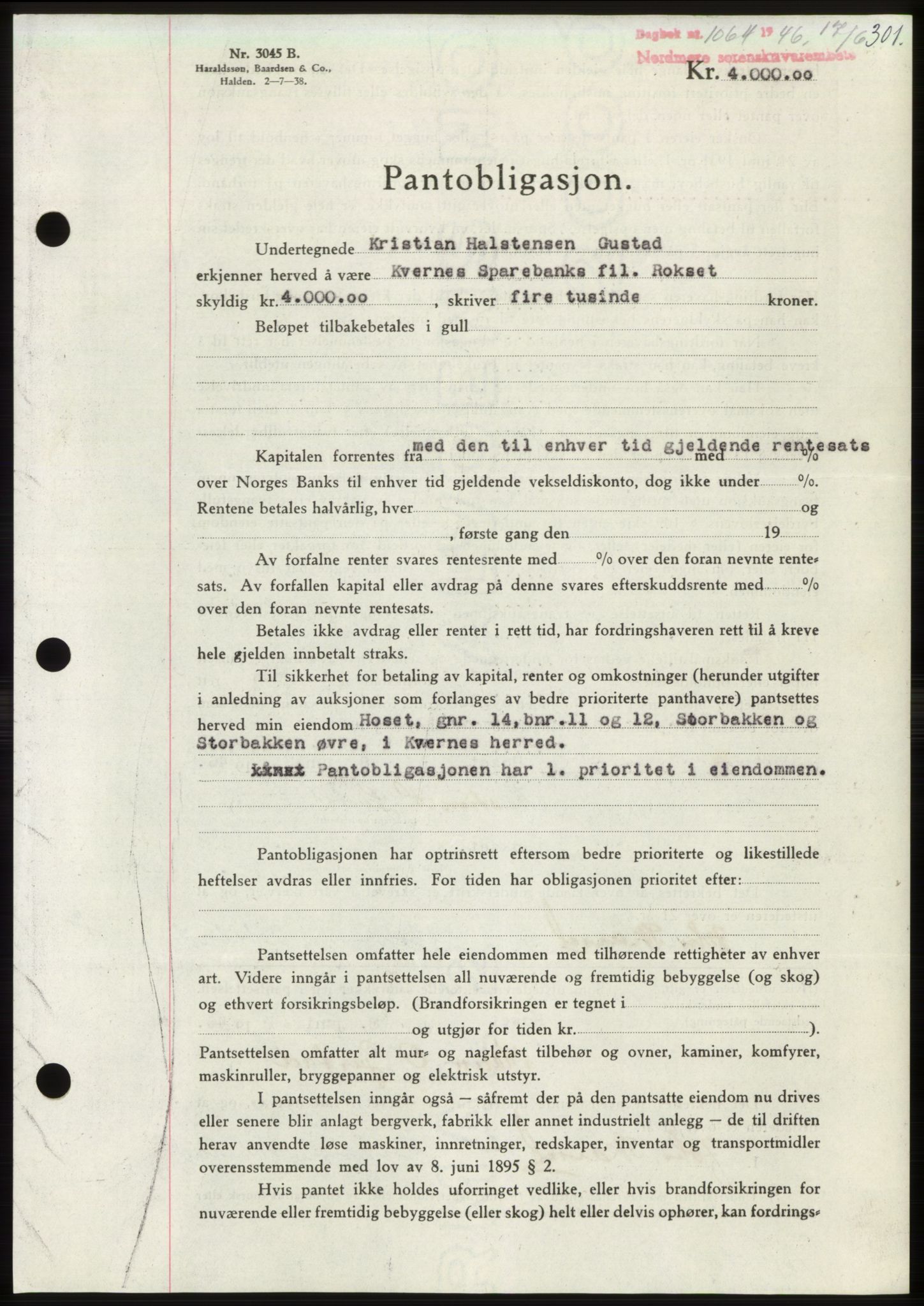 Nordmøre sorenskriveri, AV/SAT-A-4132/1/2/2Ca: Pantebok nr. B94, 1946-1946, Dagboknr: 1064/1946