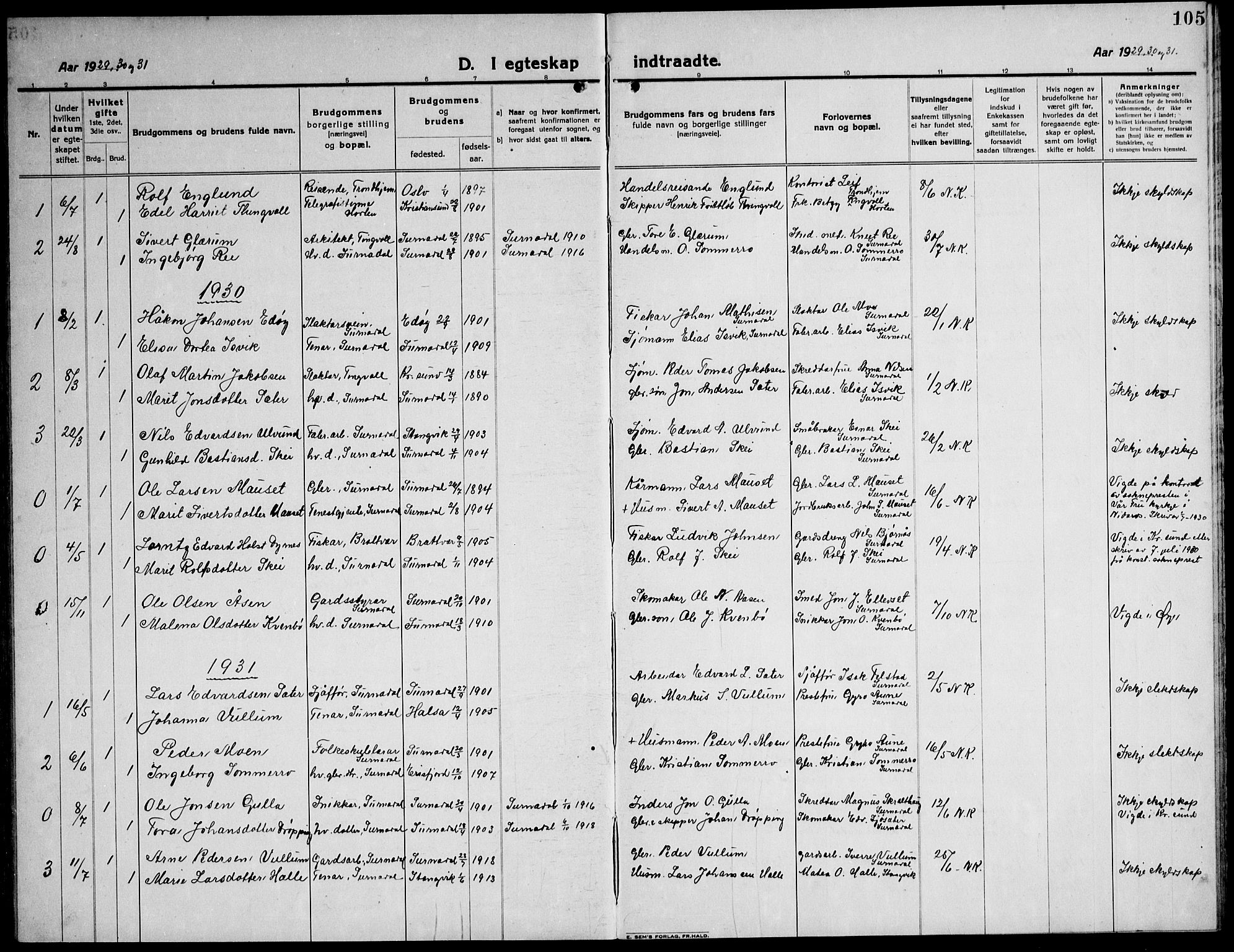 Ministerialprotokoller, klokkerbøker og fødselsregistre - Møre og Romsdal, AV/SAT-A-1454/596/L1060: Klokkerbok nr. 596C03, 1923-1944, s. 105