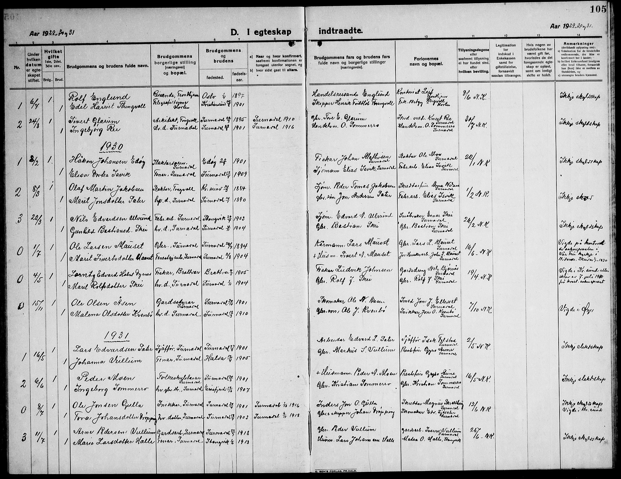 Ministerialprotokoller, klokkerbøker og fødselsregistre - Møre og Romsdal, SAT/A-1454/596/L1060: Klokkerbok nr. 596C03, 1923-1944, s. 105