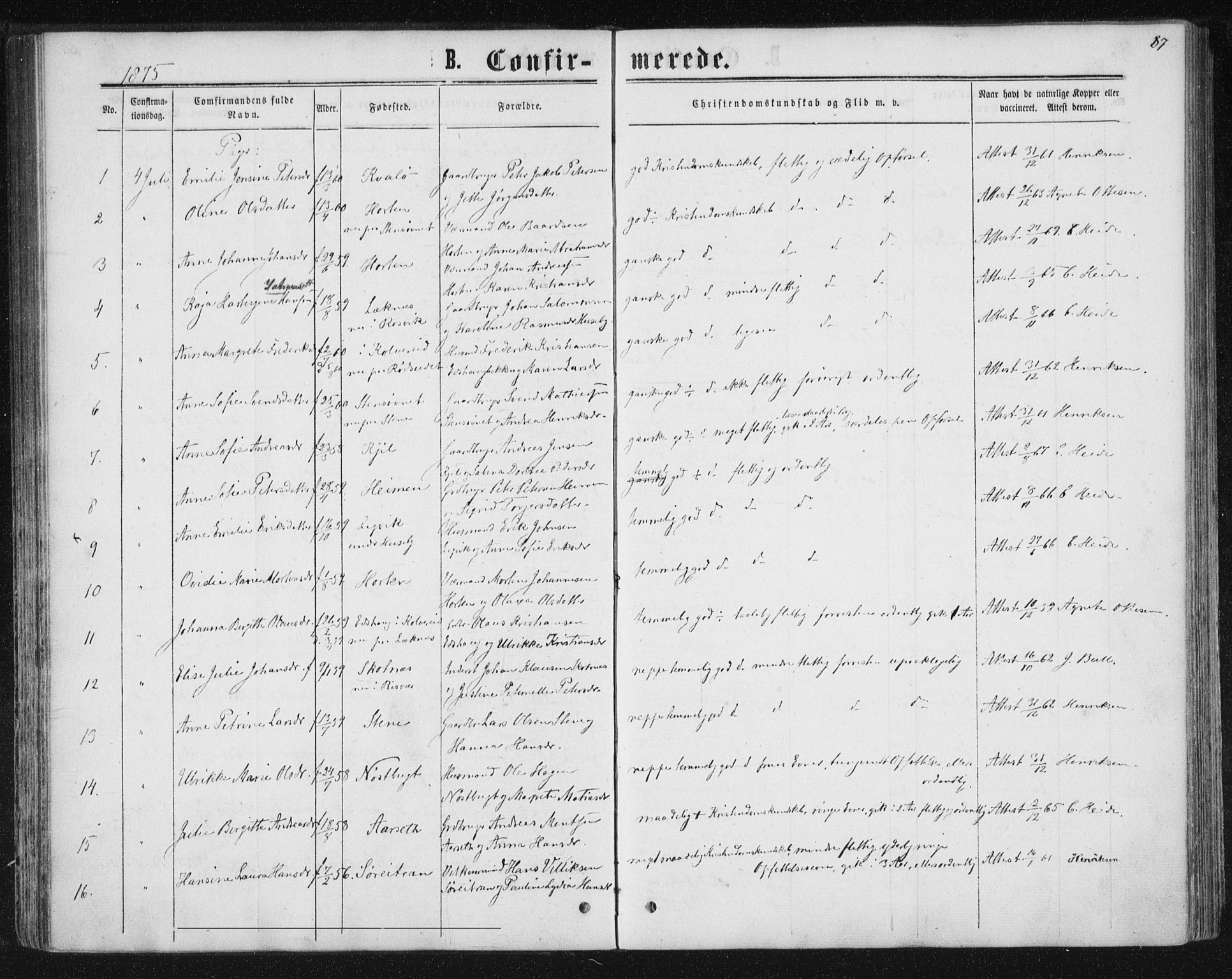 Ministerialprotokoller, klokkerbøker og fødselsregistre - Nord-Trøndelag, SAT/A-1458/788/L0696: Ministerialbok nr. 788A03, 1863-1877, s. 87