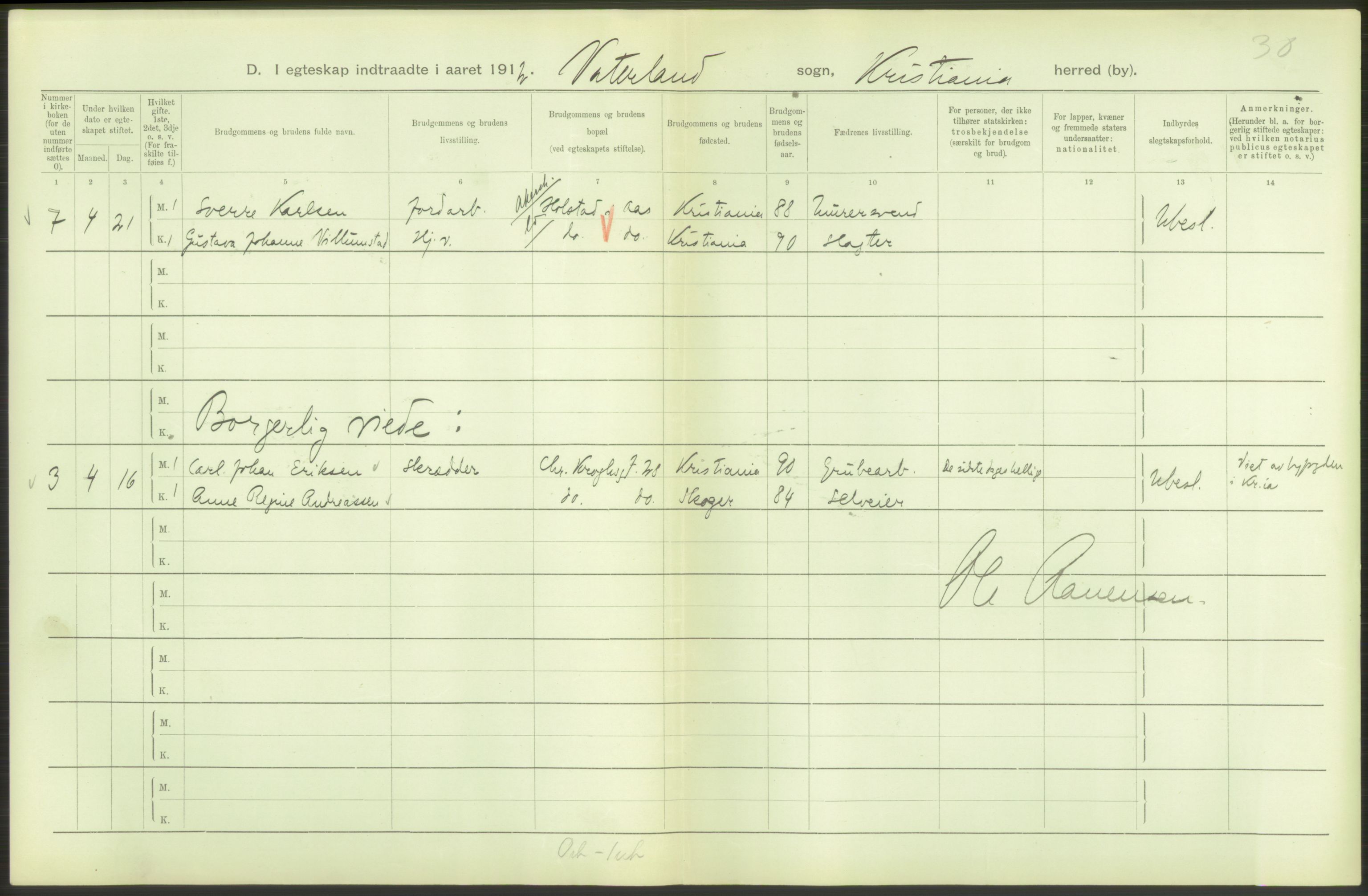 Statistisk sentralbyrå, Sosiodemografiske emner, Befolkning, RA/S-2228/D/Df/Dfb/Dfbb/L0008: Kristiania: Gifte, 1912, s. 96