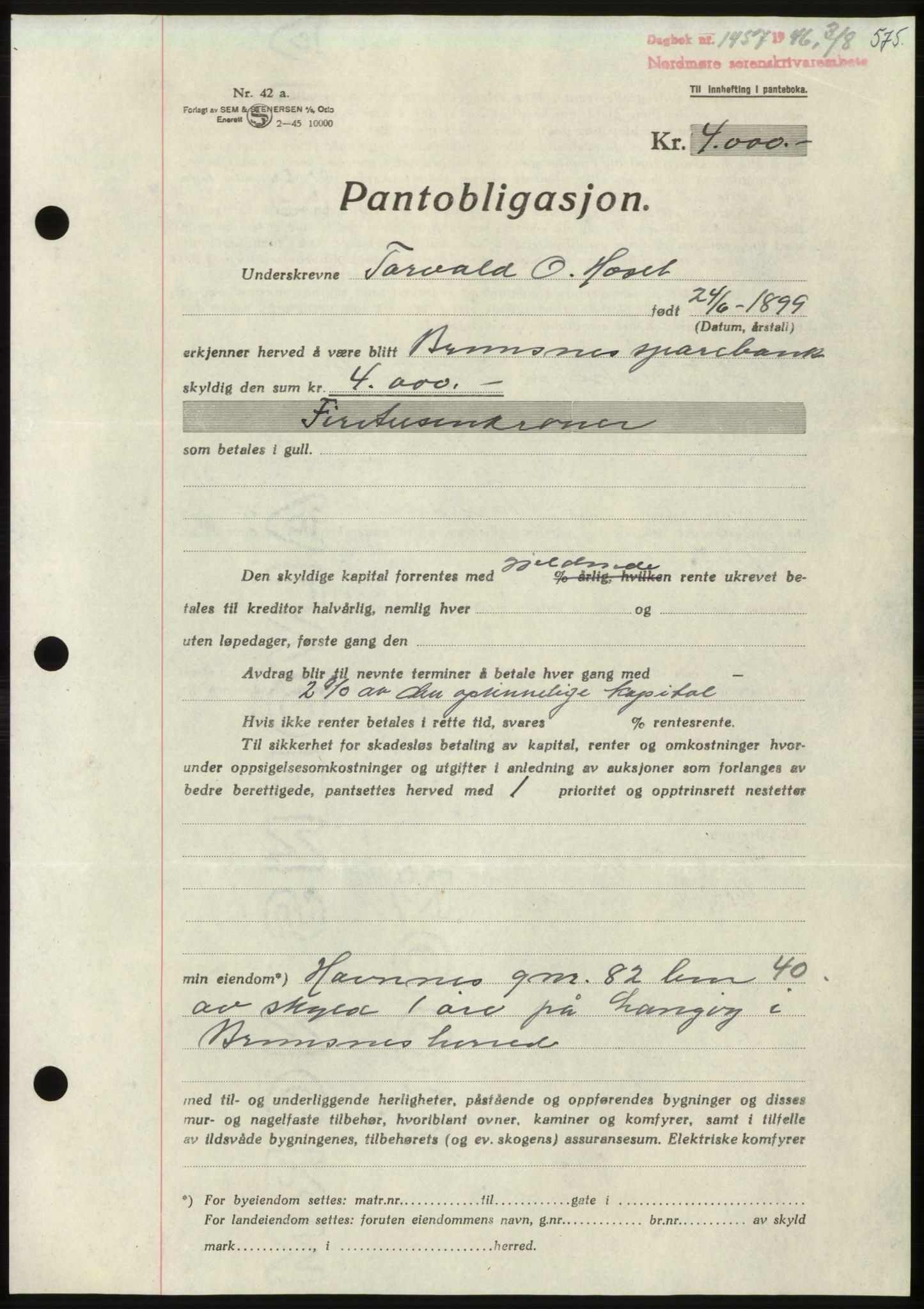 Nordmøre sorenskriveri, SAT/A-4132/1/2/2Ca: Pantebok nr. B94, 1946-1946, Dagboknr: 1457/1946