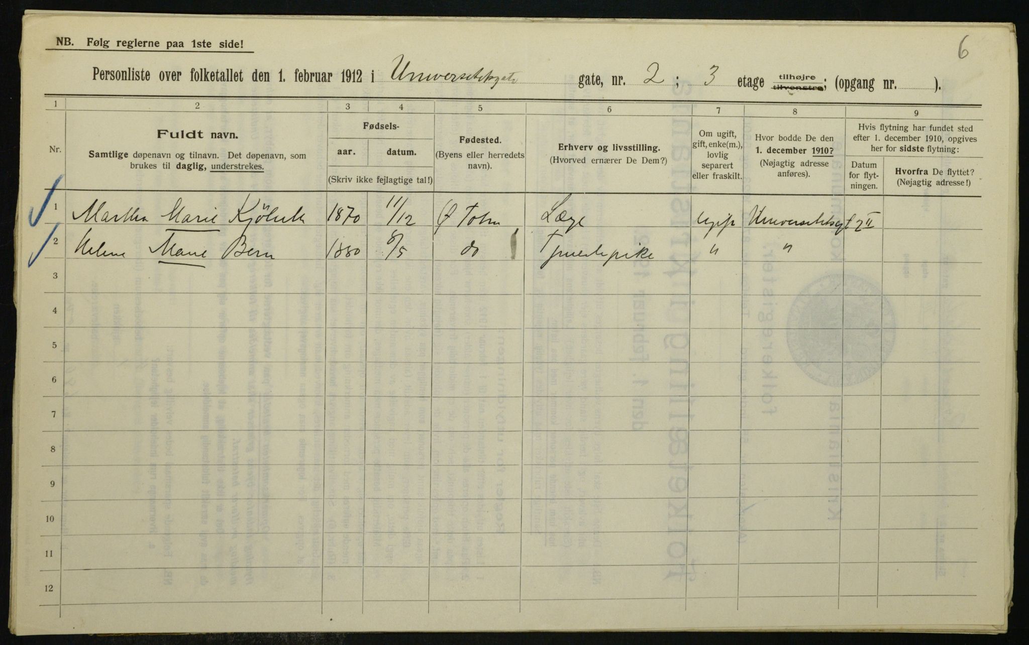 OBA, Kommunal folketelling 1.2.1912 for Kristiania, 1912, s. 119915