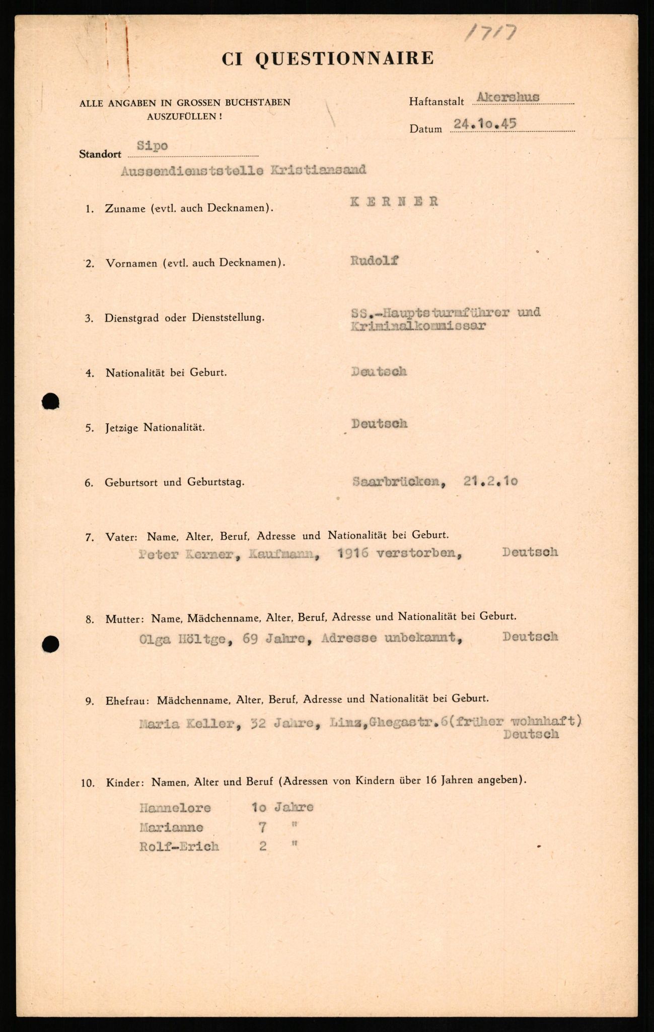 Forsvaret, Forsvarets overkommando II, AV/RA-RAFA-3915/D/Db/L0016: CI Questionaires. Tyske okkupasjonsstyrker i Norge. Tyskere., 1945-1946, s. 411