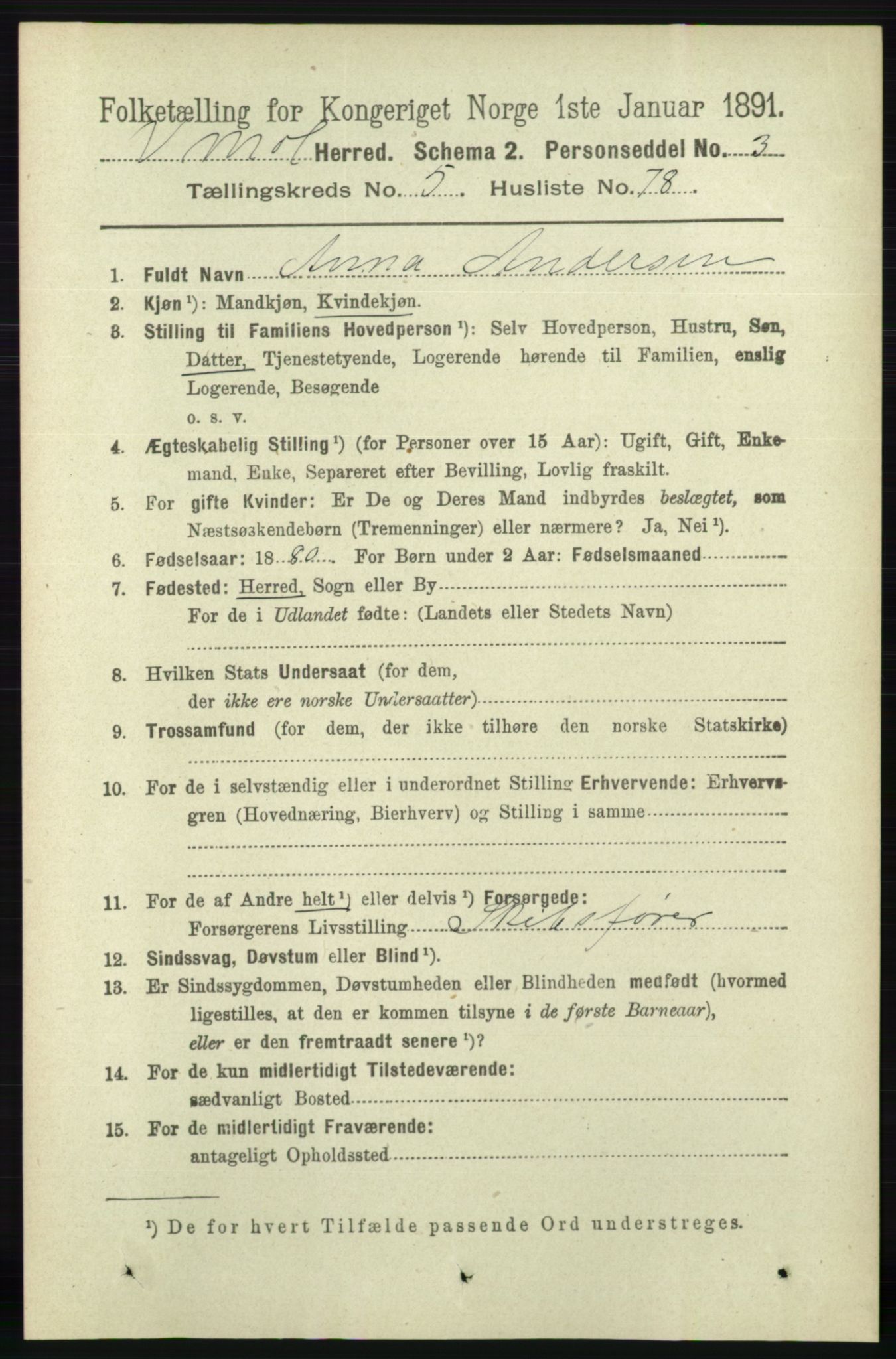 RA, Folketelling 1891 for 0926 Vestre Moland herred, 1891, s. 2258