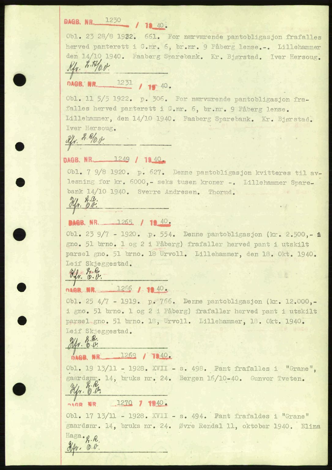 Sør-Gudbrandsdal tingrett, SAH/TING-004/H/Hb/Hbf/L0003: Pantebok nr. C5a, 1939-1946, Dagboknr: 1230/1940