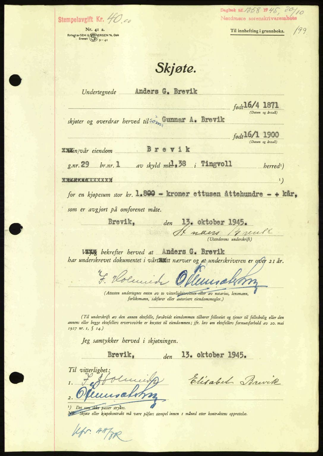 Nordmøre sorenskriveri, AV/SAT-A-4132/1/2/2Ca: Pantebok nr. A100a, 1945-1945, Dagboknr: 1358/1945