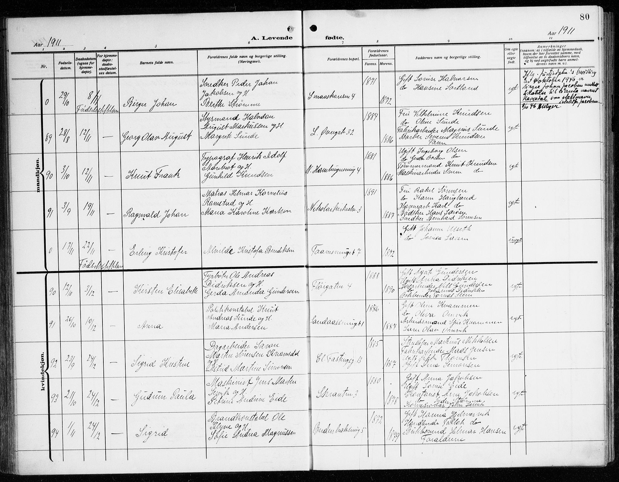 Korskirken sokneprestembete, AV/SAB-A-76101/H/Haa: Ministerialbok nr. B 10, 1909-1923, s. 80