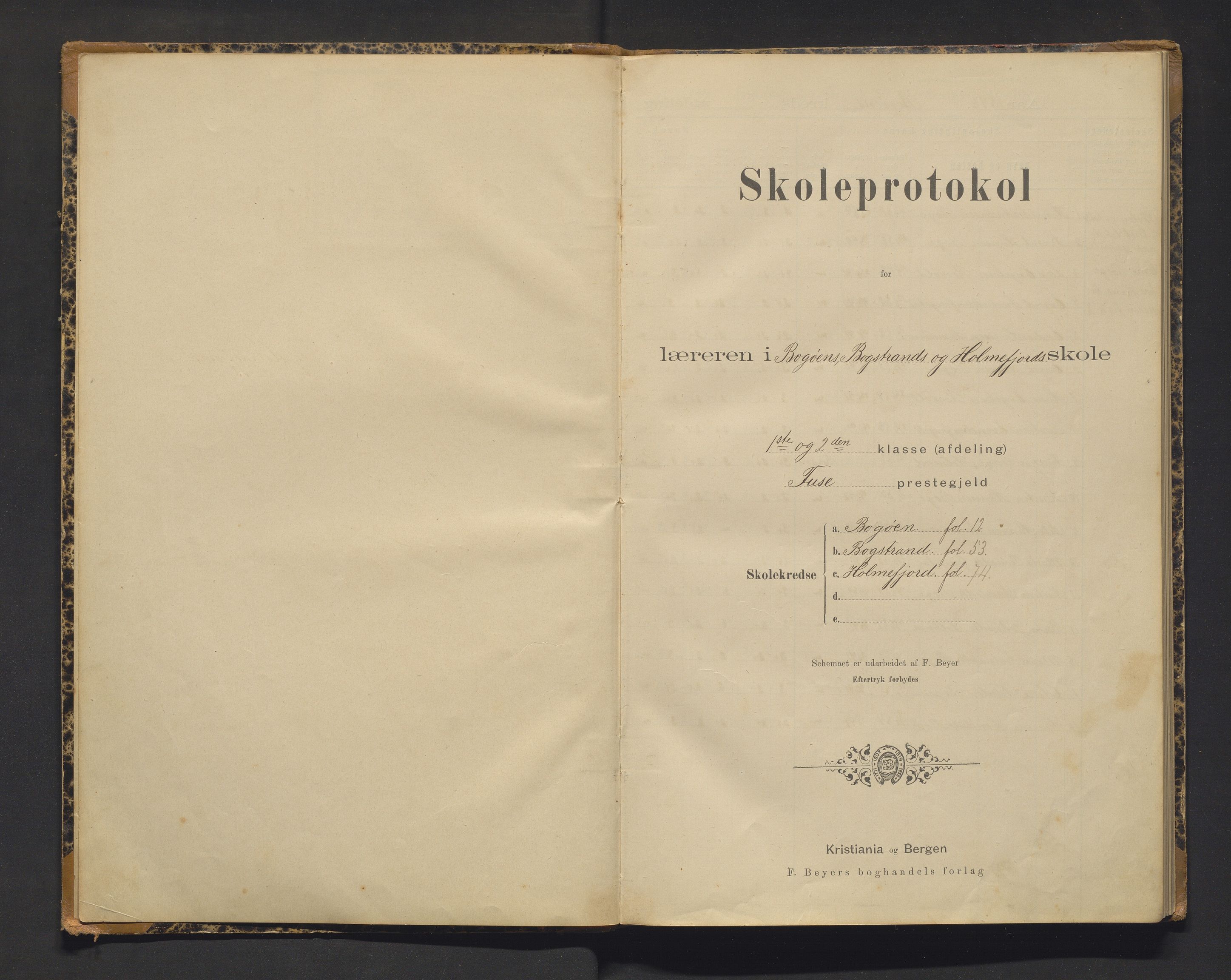 Fusa kommune. Barneskulane, IKAH/1241-231/F/Fa/L0002: Skuleprotokoll for Bogøy, Bogøystranda og Holmefjord krinsar, 1896-1917